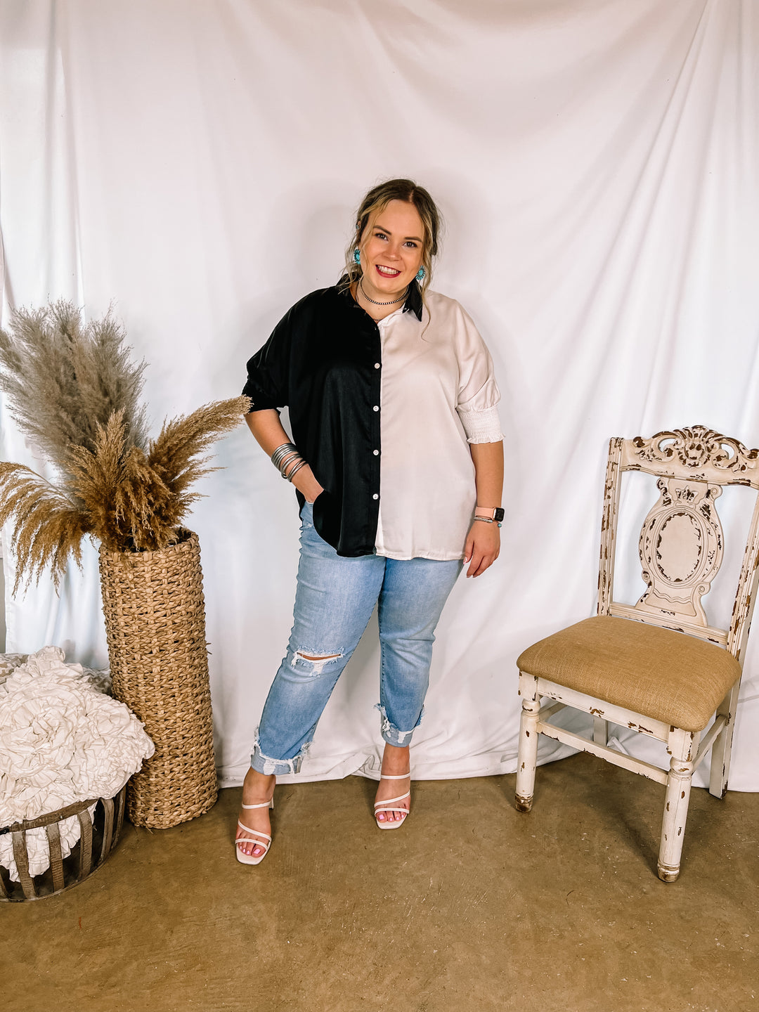 Major Glow Satin Smocked 3/4 Sleeve Button Up Blouse in Black and White - Giddy Up Glamour Boutique