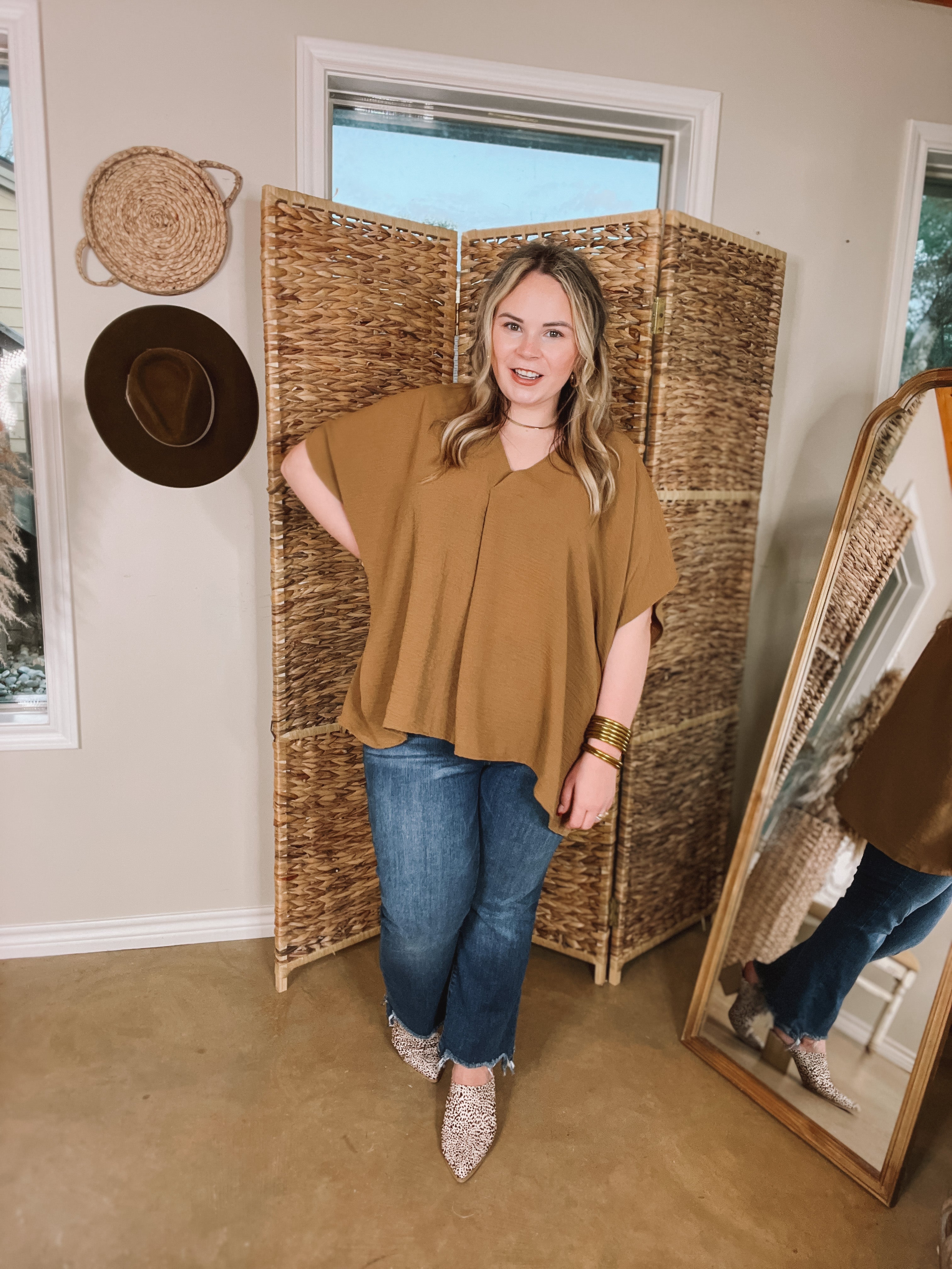 Weekend Out V Neck Placket Short Sleeve Top in Camel Brown - Giddy Up Glamour Boutique