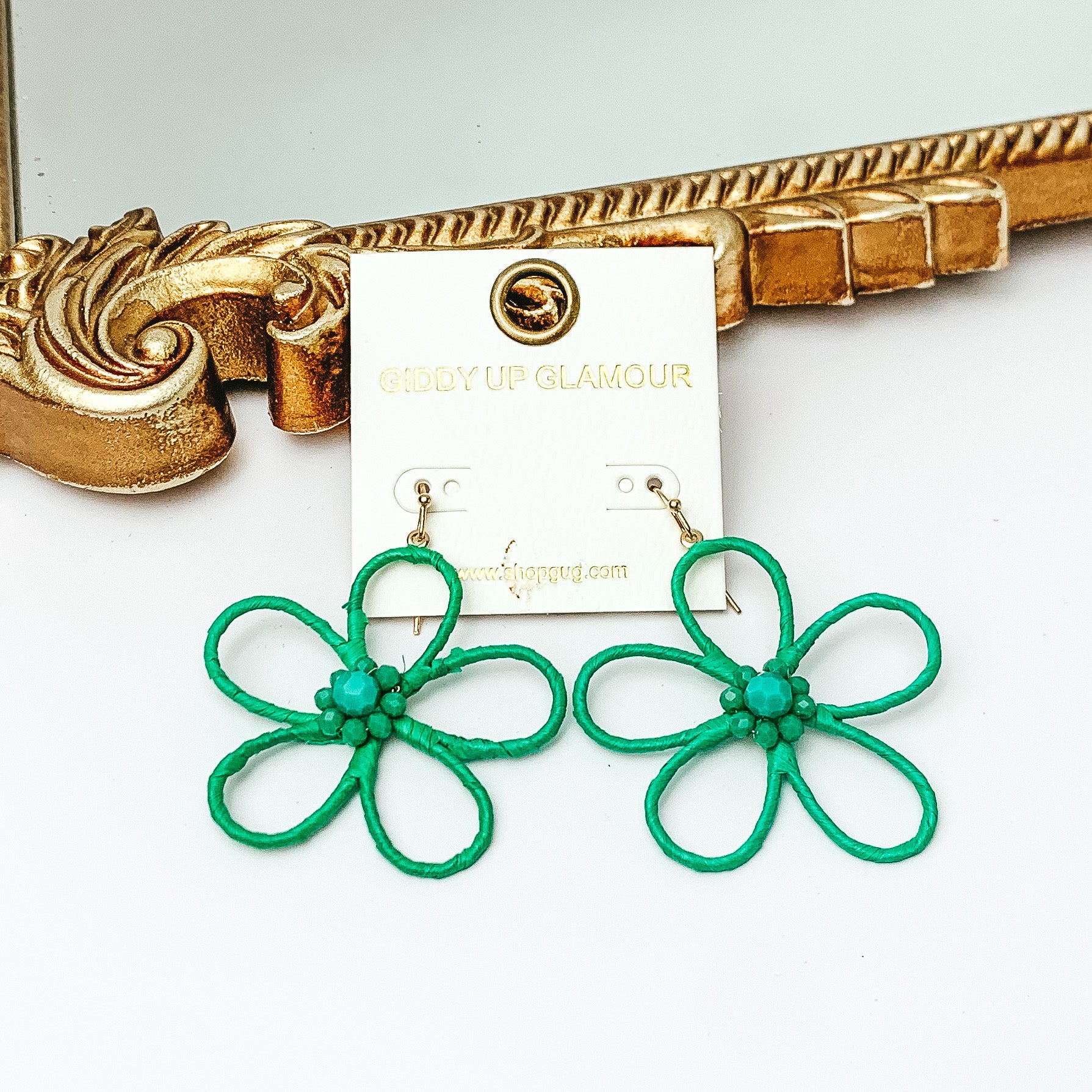 Daisy Delight Raffia Wrapped Flower Earrings with Crystal Center in Kelly Green - Giddy Up Glamour Boutique