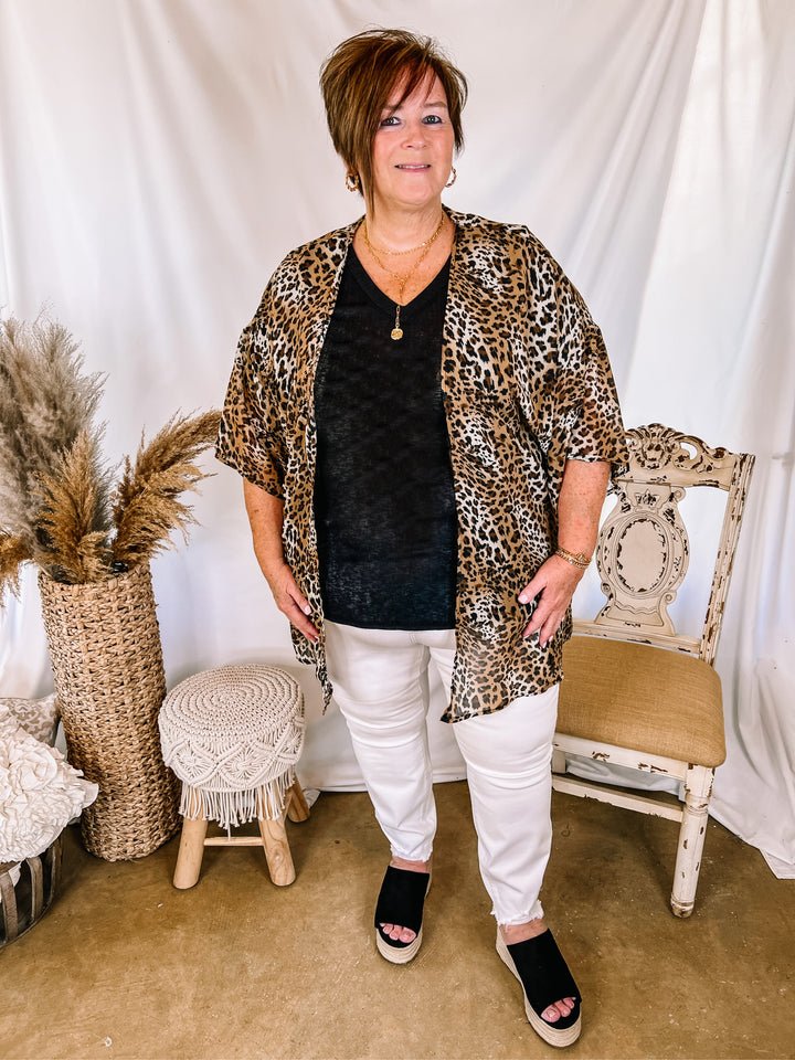Forever Friends Leopard Print Short Sleeve Kimono in Brown - Giddy Up Glamour Boutique