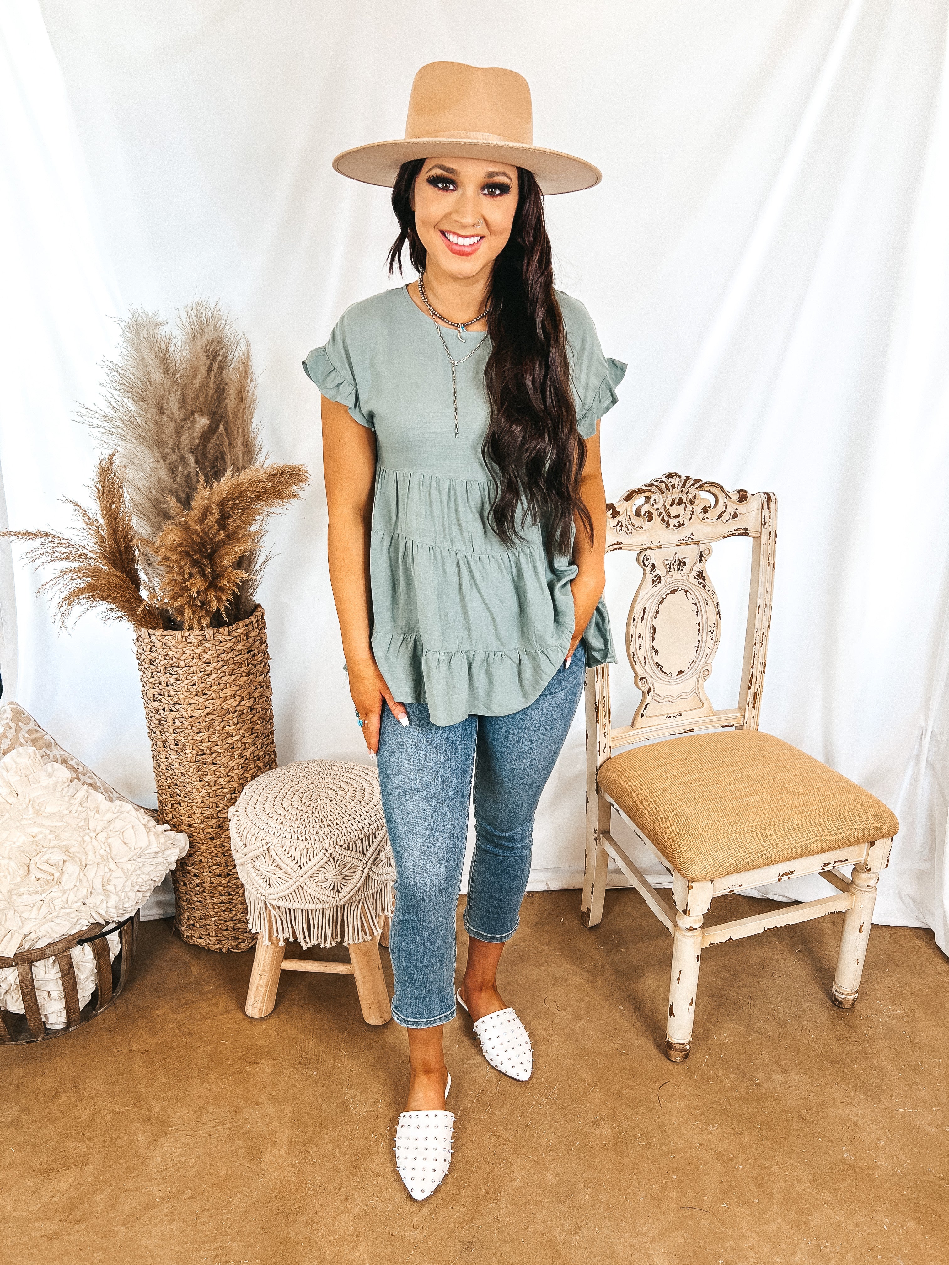 Belong To You Tiered Top with Ruffle Cap Sleeves in Sage Green - Giddy Up Glamour Boutique