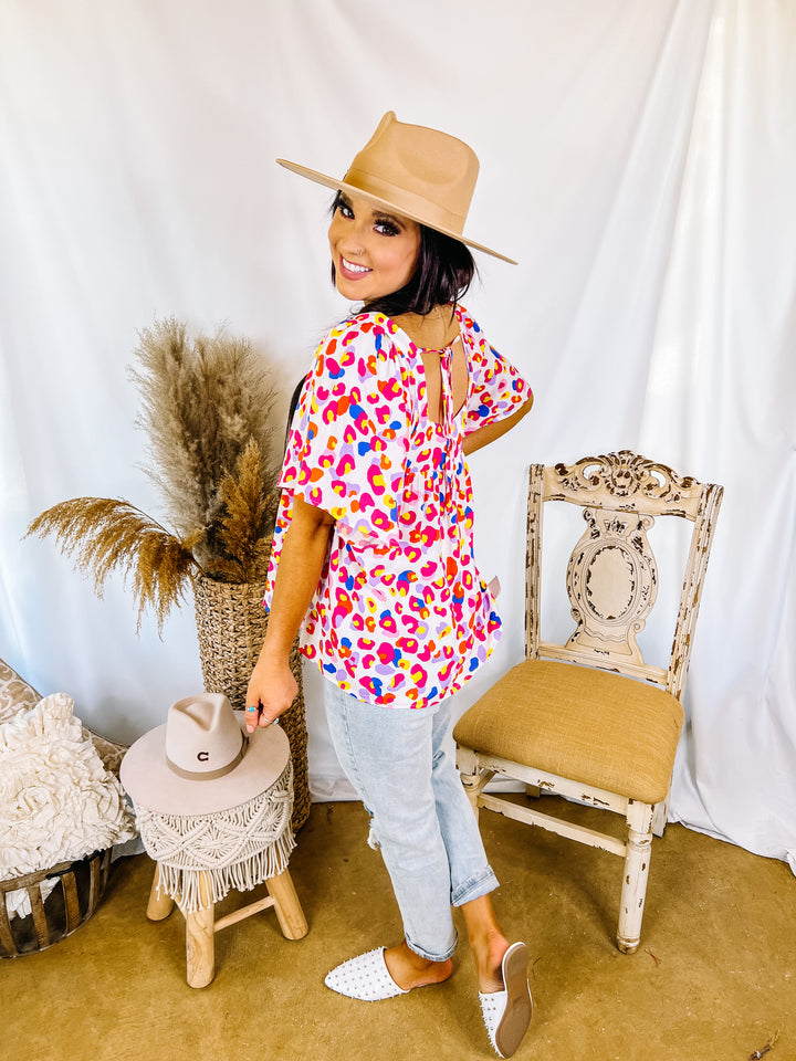 Last Chance Size Small | Quite The Knockout Multi Color Leopard Print Top with Square Neck in White - Giddy Up Glamour Boutique