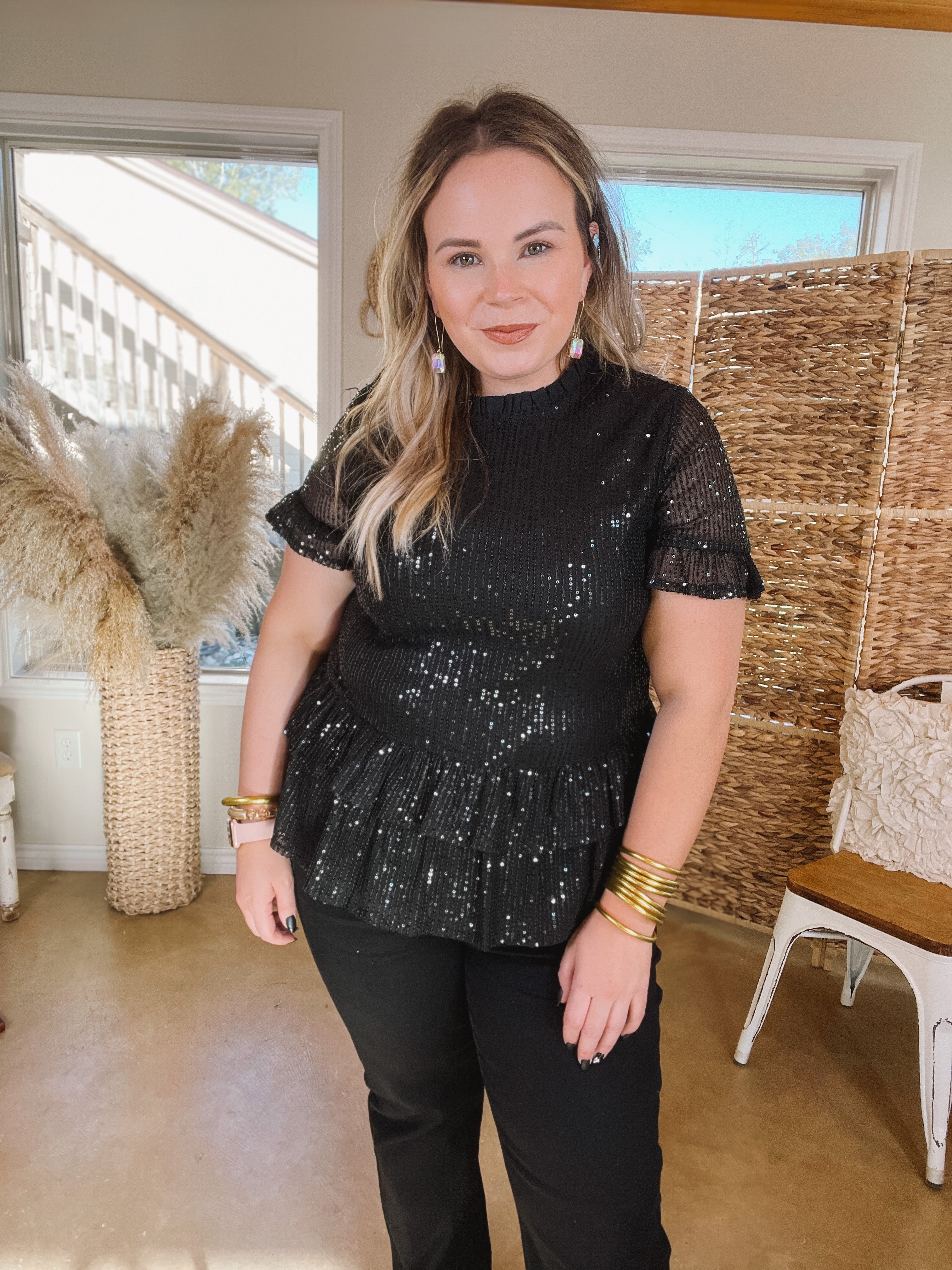 Catching Glances Sequin Short Sleeve Double Ruffle Peplum Top in Black - Giddy Up Glamour Boutique