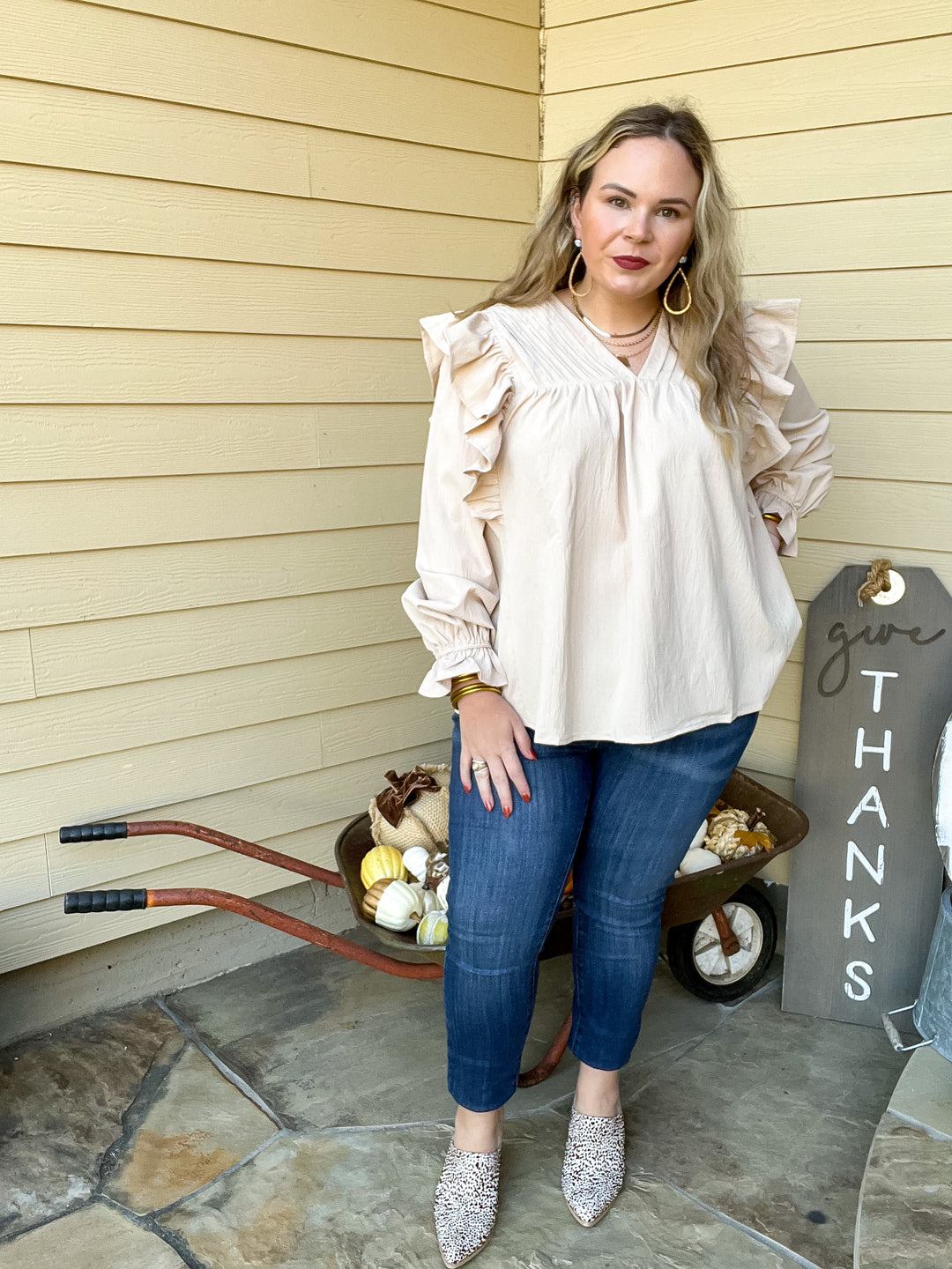 Coffee Perks Ruffle Detail Long Sleeve Top in Ivory - Giddy Up Glamour Boutique