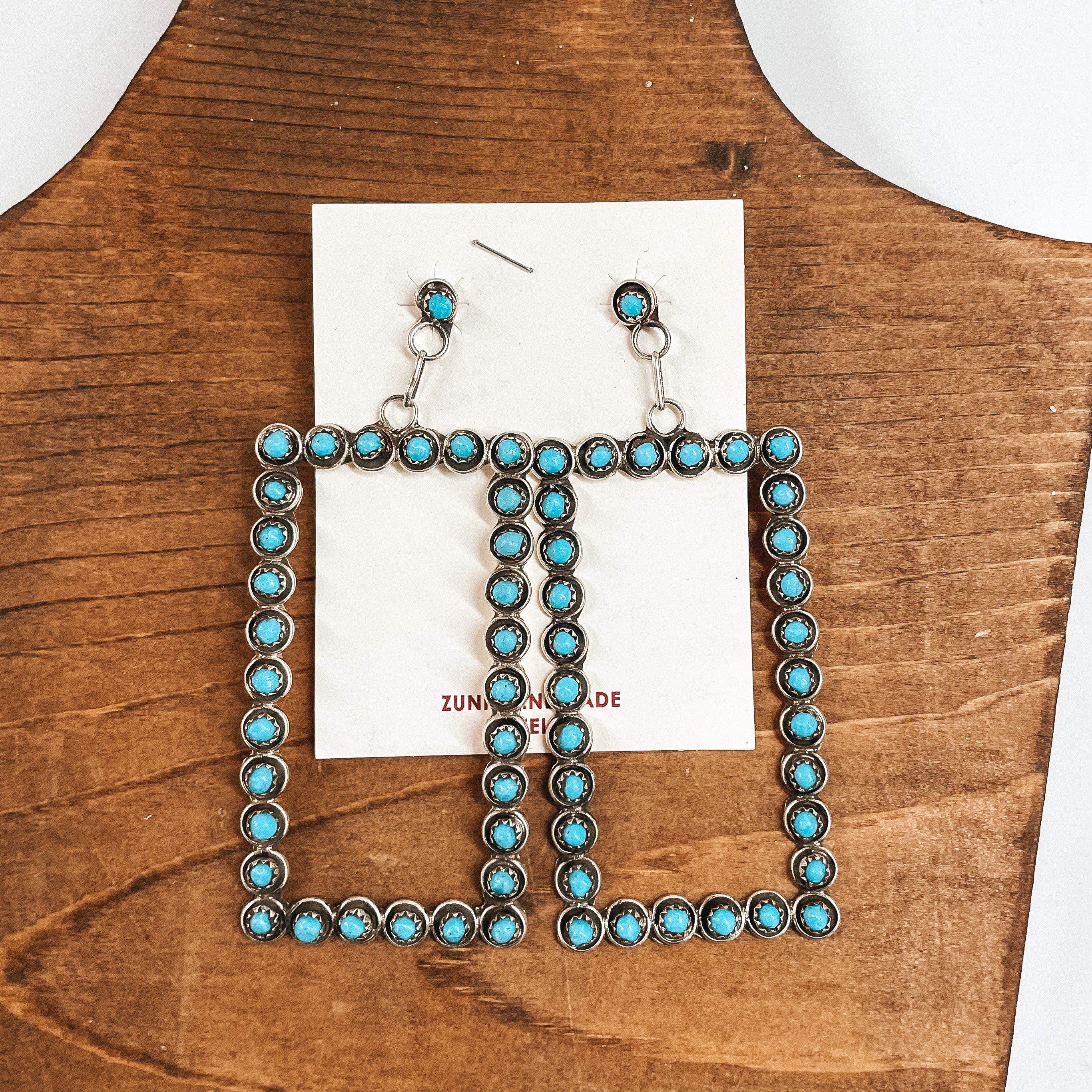 Zuni  | Zuni Handmade Sterling Silver Large Rectangle Post Stud Dangle Earrings with Turquoise Stones - Giddy Up Glamour Boutique
