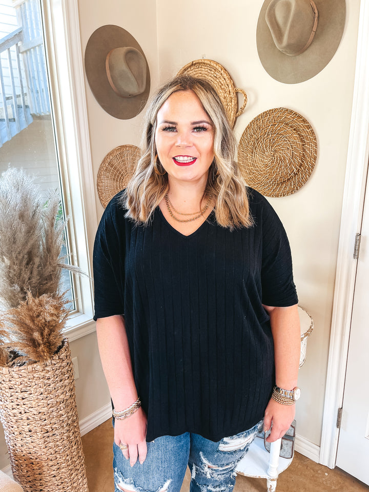 No Secrets V Neck Ribbed Poncho Top in Black - Giddy Up Glamour Boutique