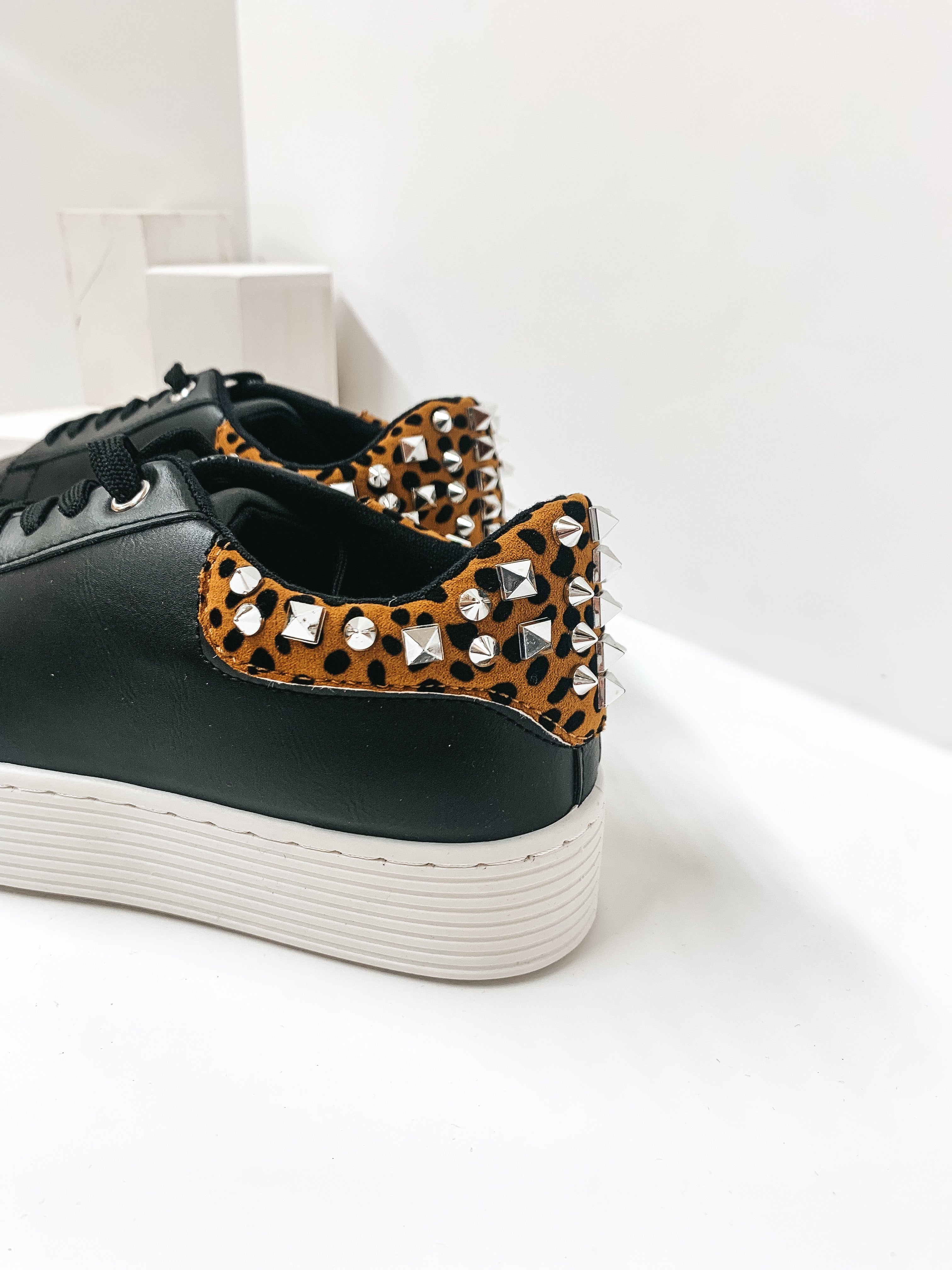 Studded Chic Lace Up Leopard Heel Platform Sneakers in Black - Giddy Up Glamour Boutique