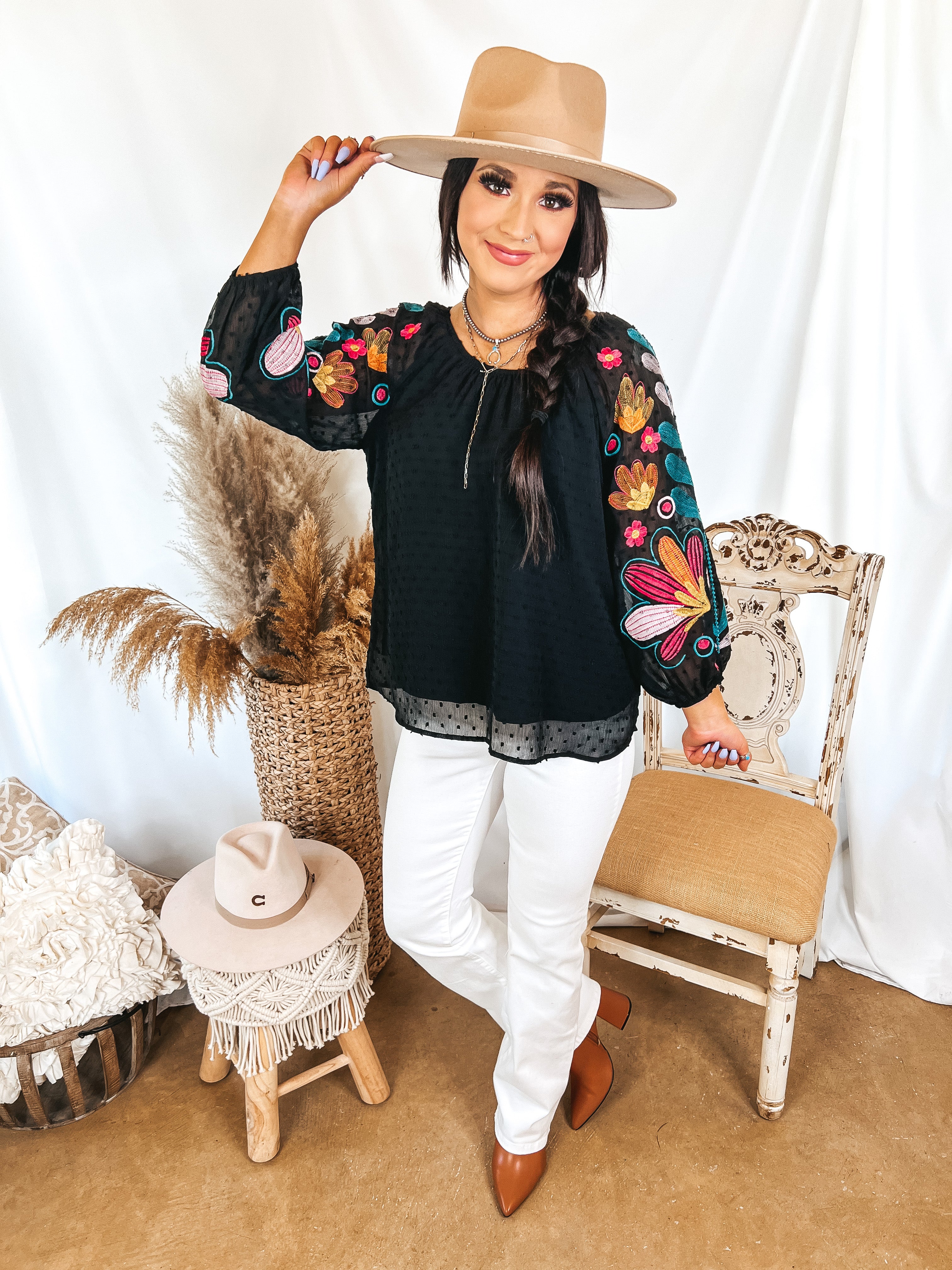 Right About You Floral Embroidered 3/4 Sleeve Top in Black - Giddy Up Glamour Boutique