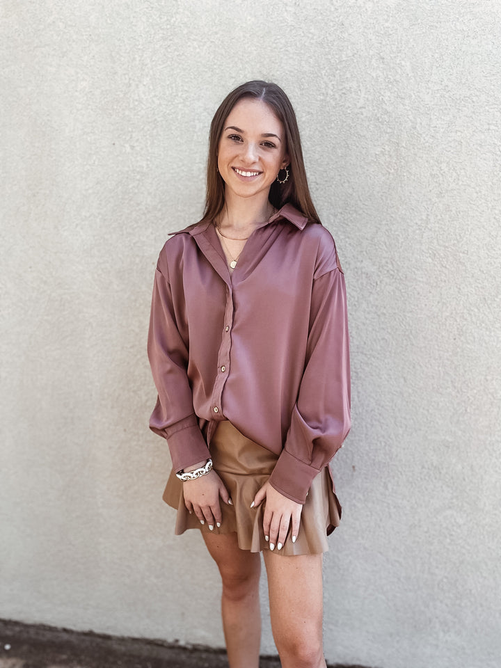 Tell Me Something Good Long Sleeve Button Up Top in Dark Mauve - Giddy Up Glamour Boutique