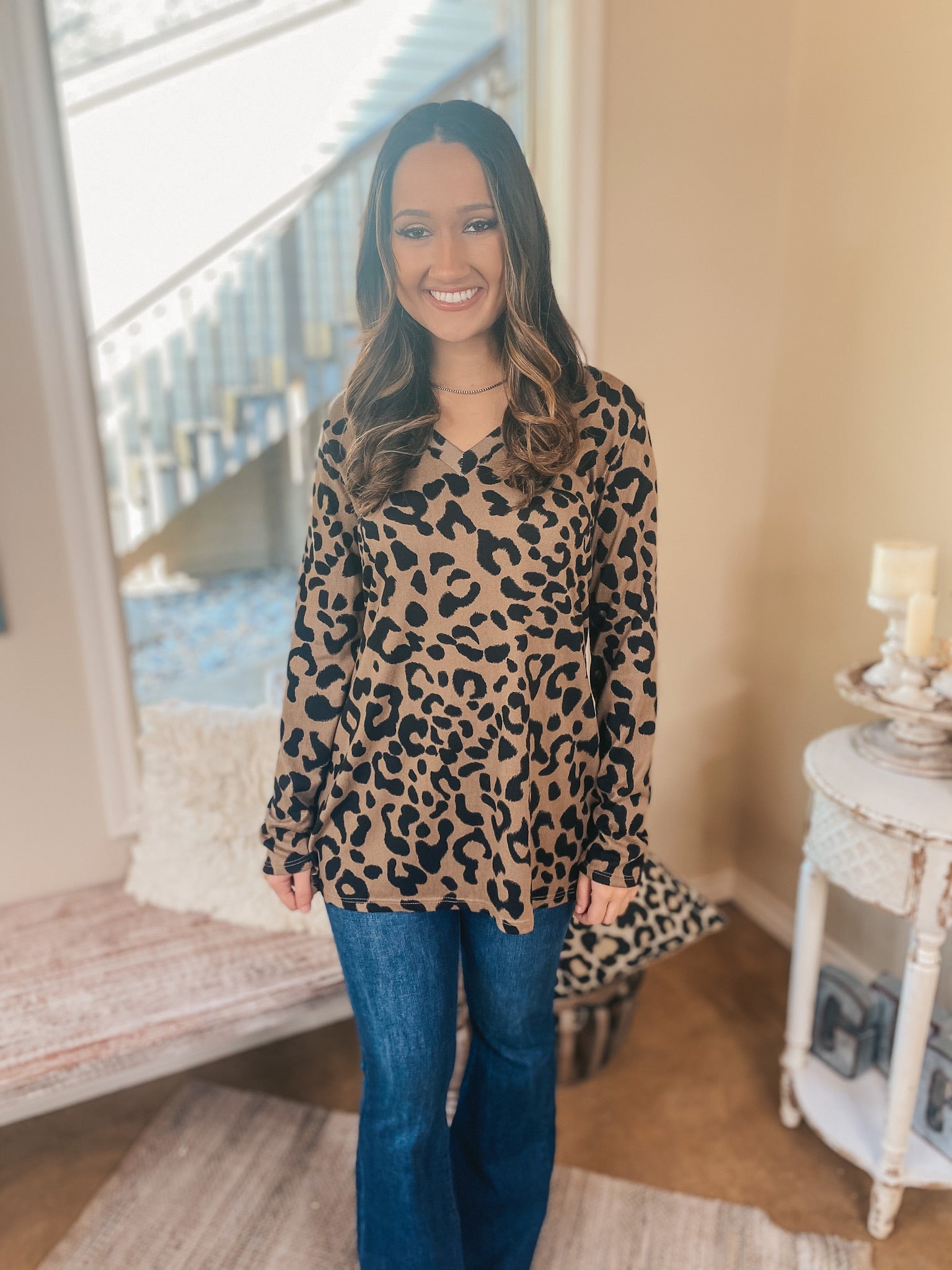 Keep Things Simple Long Sleeve Large Leopard V Neck Pullover Top in Brown - Giddy Up Glamour Boutique