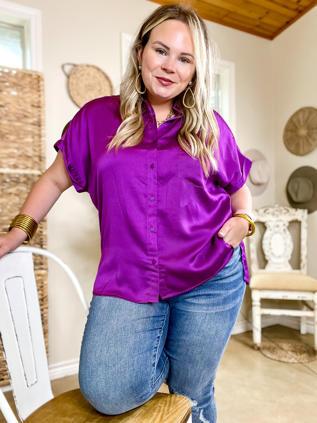 Free To Be Fab Button Up Short Sleeve Top in Purple - Giddy Up Glamour Boutique