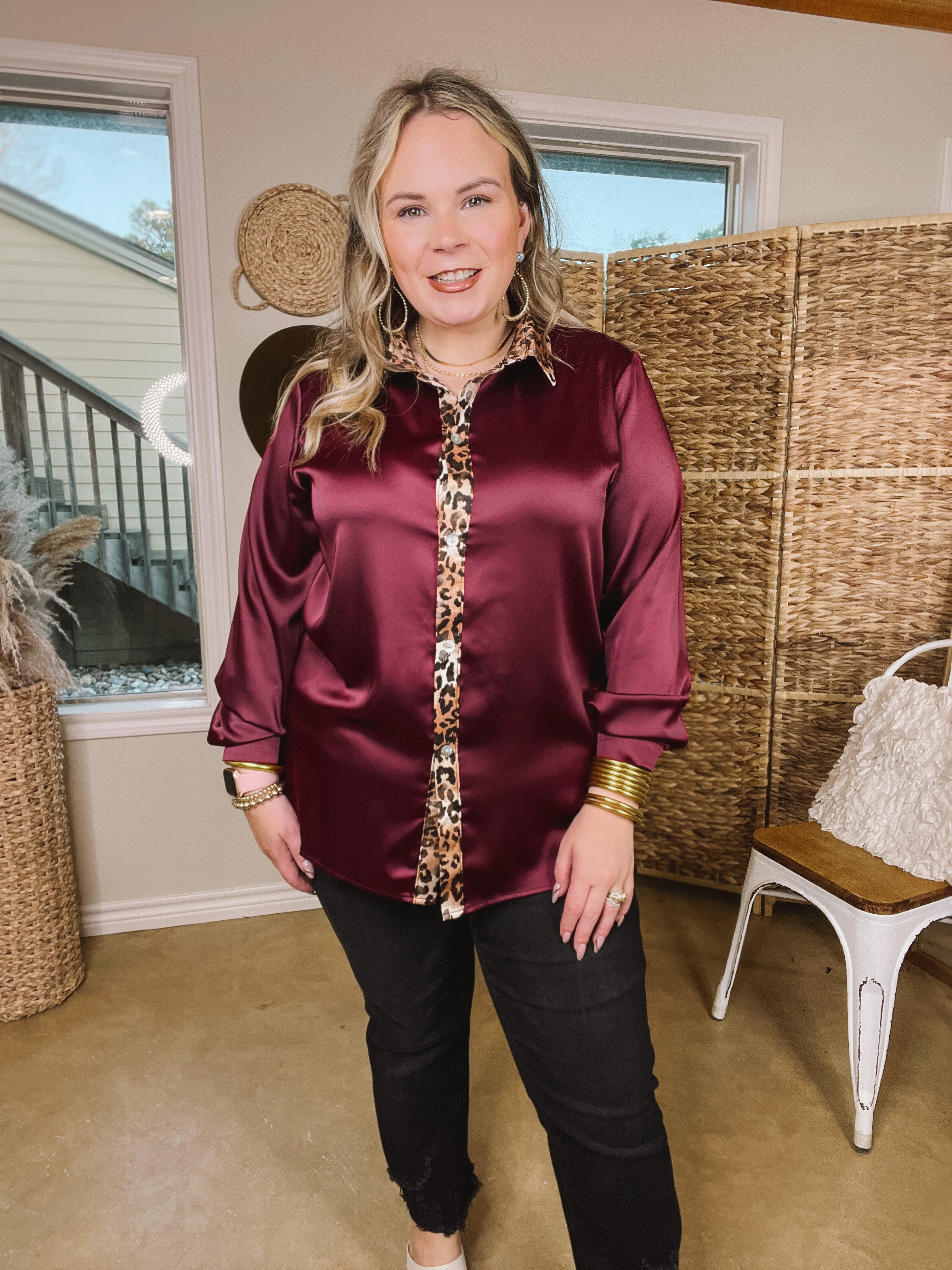 Sugar On Top Long Sleeve Button Up Satin Top with Leopard Print Trim in Maroon - Giddy Up Glamour Boutique