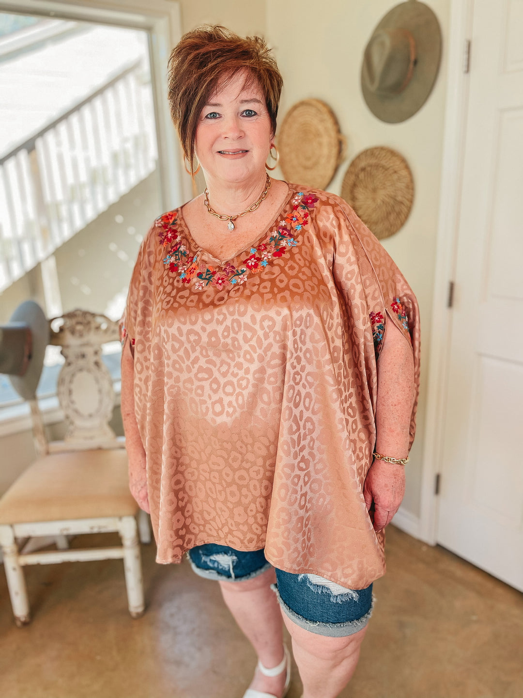 Destination Dreaming Metallic Leopard Poncho Top with Multicolor Embroidered Trim in Copper - Giddy Up Glamour Boutique
