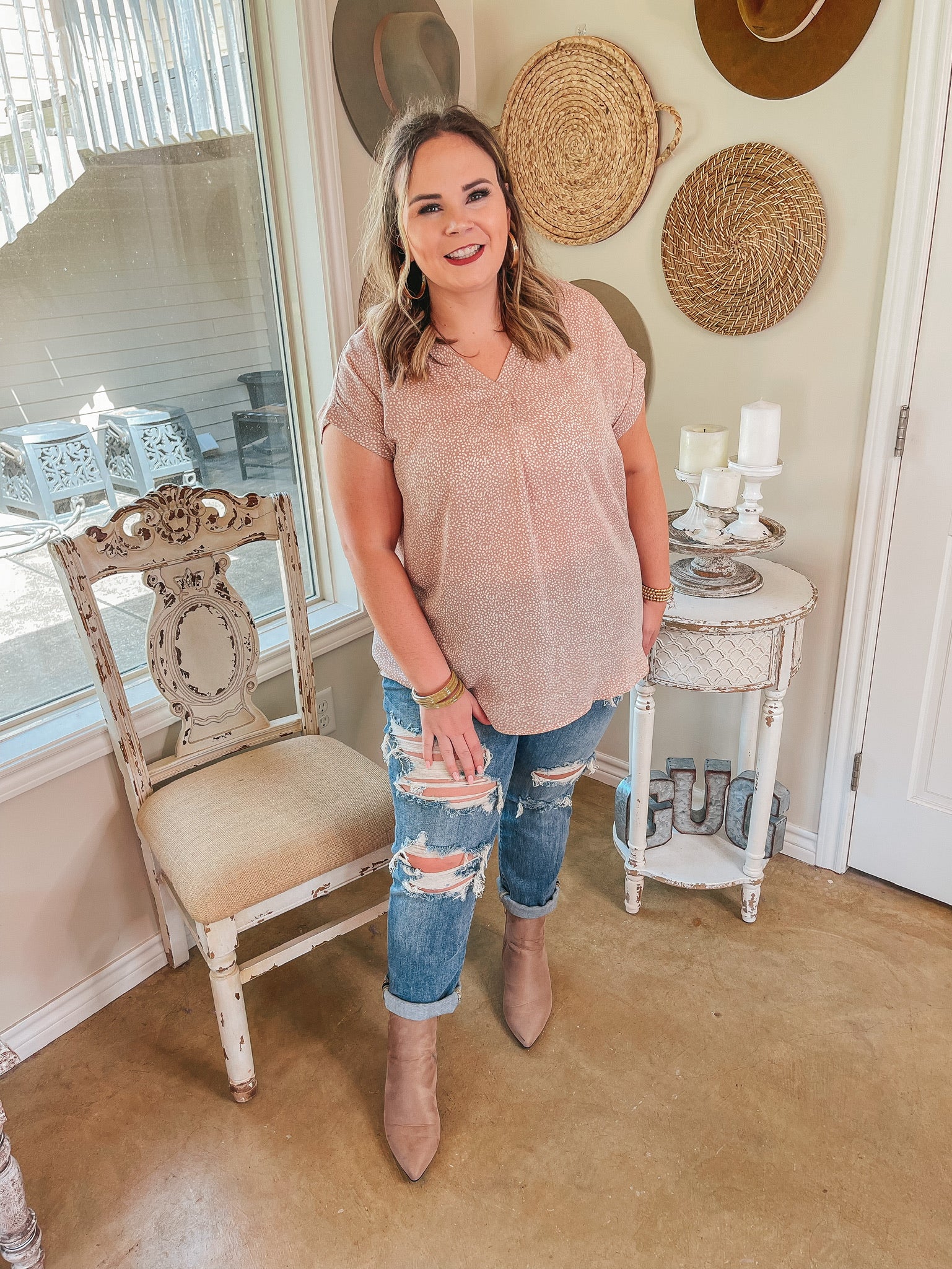 Plus Sizes | Wonderful Welcome Dotted V Neck Short Sleeve Top in Dusty Blush Pink - Giddy Up Glamour Boutique