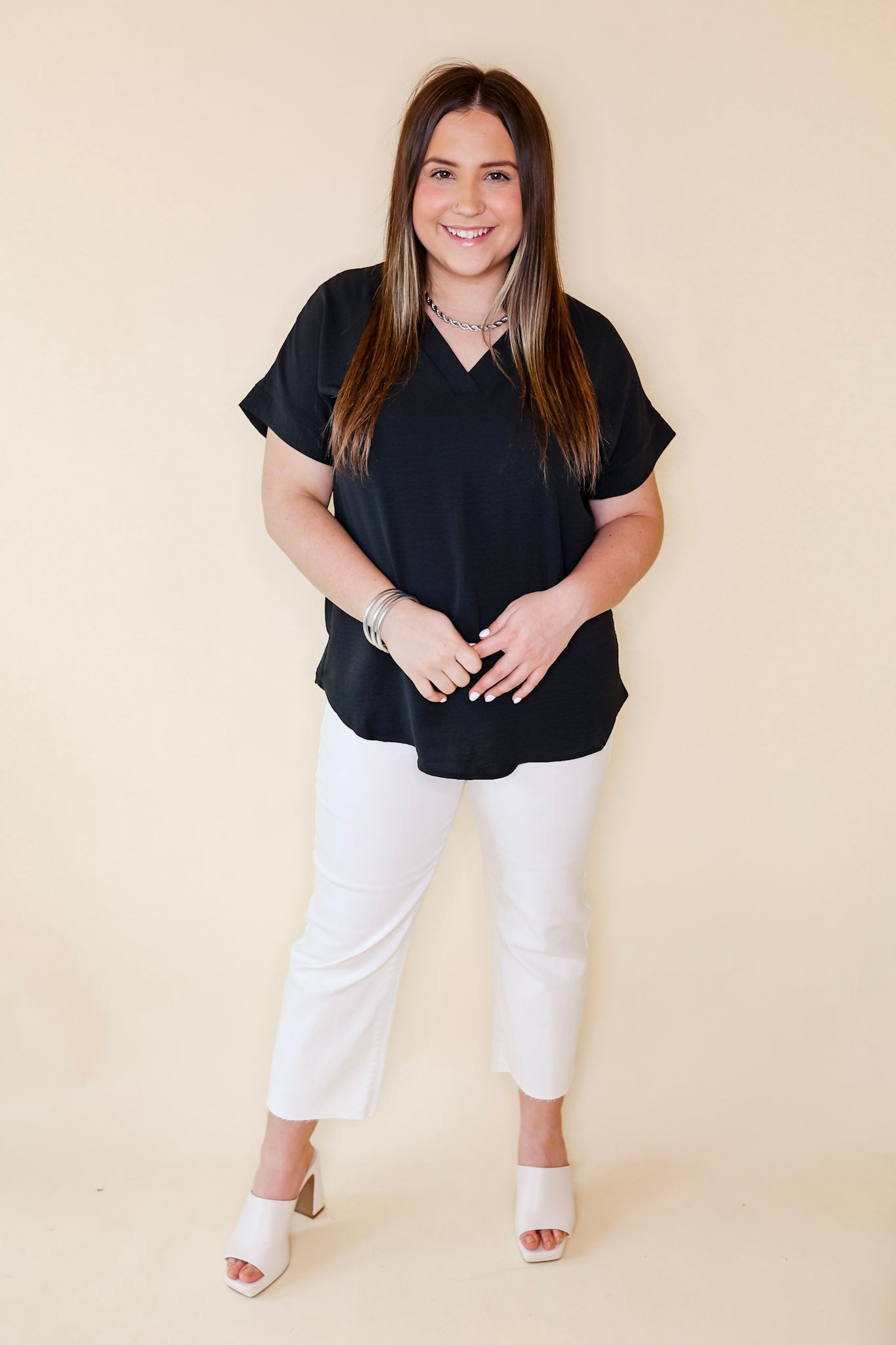 Cause To Celebrate V Neck Short Sleeve Top in Black - Giddy Up Glamour Boutique