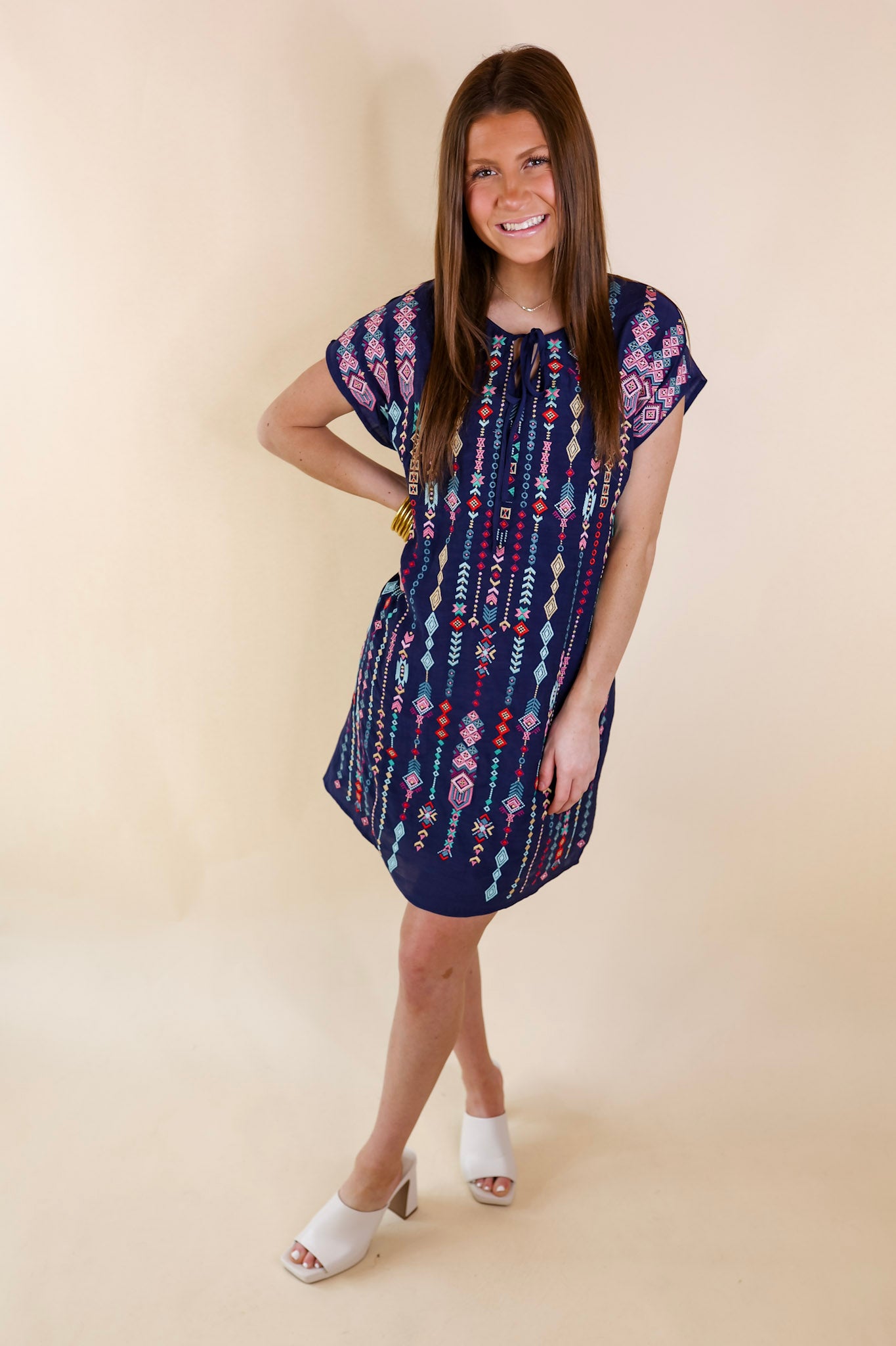 Love Crush Tribal Embroidered Dress with Front Keyhole in Navy Blue - Giddy Up Glamour Boutique