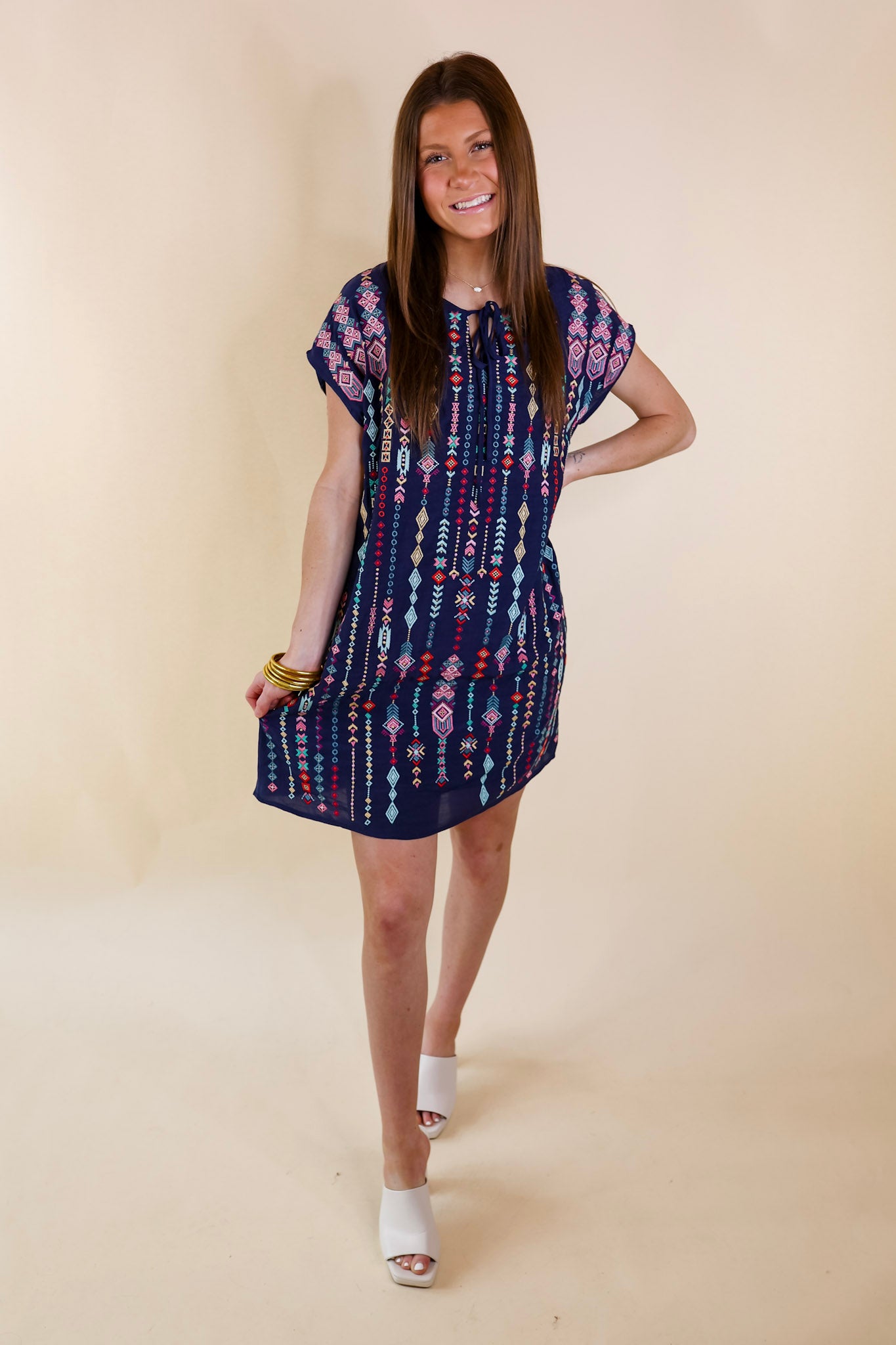 Love Crush Tribal Embroidered Dress with Front Keyhole in Navy Blue - Giddy Up Glamour Boutique