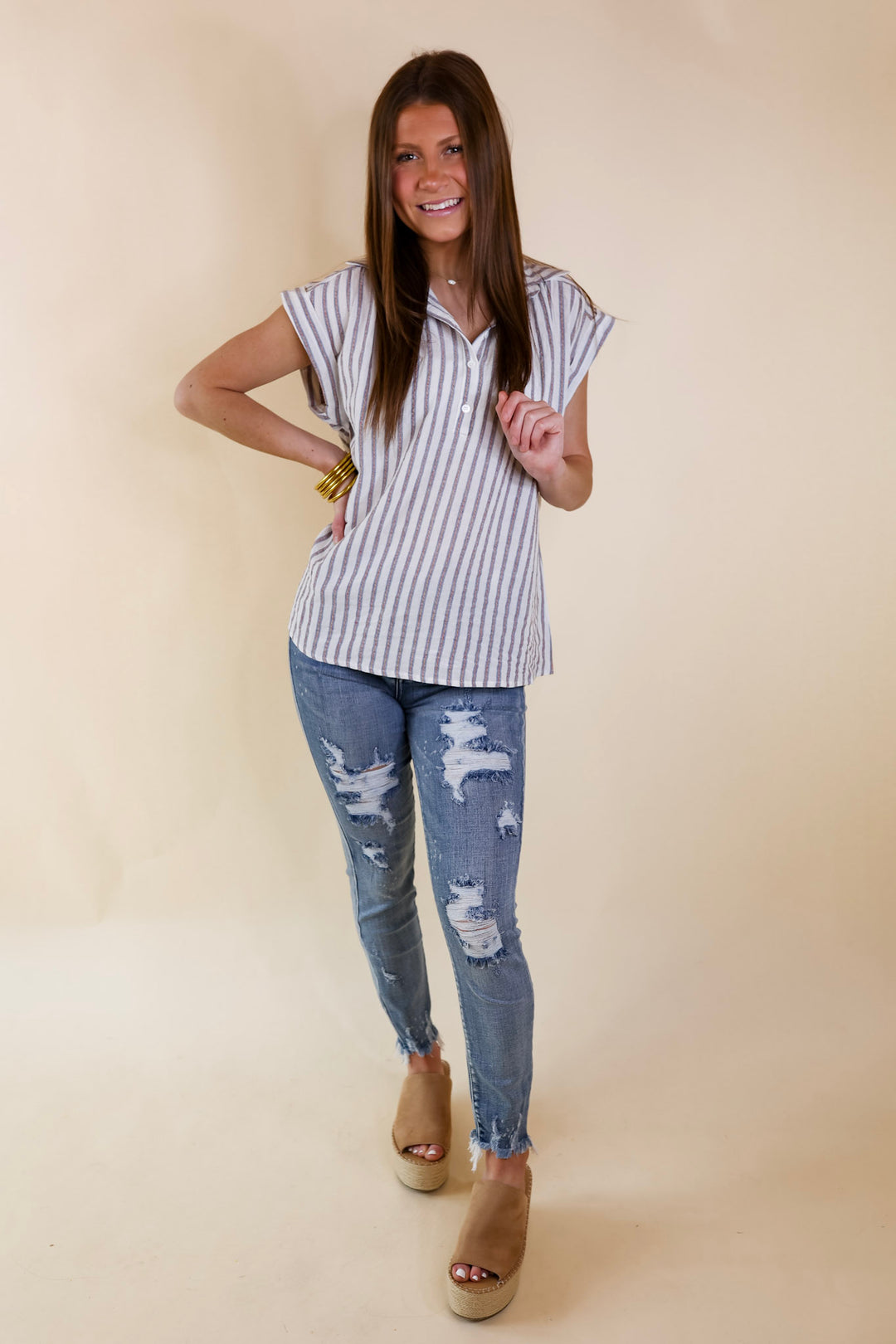 Long Time Coming Half Button Up Pin Stripe Top in Ivory - Giddy Up Glamour Boutique