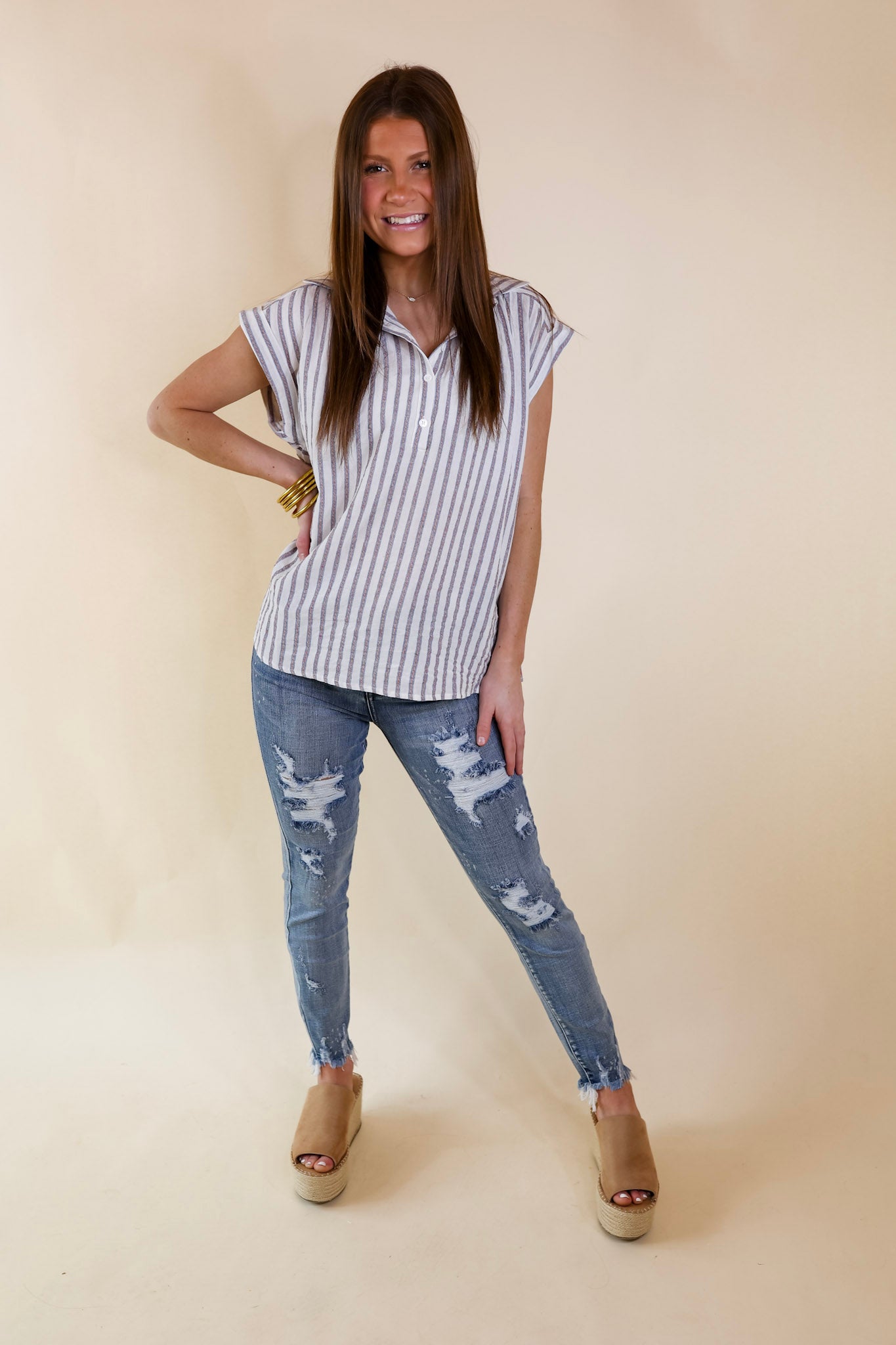 Long Time Coming Half Button Up Pin Stripe Top in Ivory - Giddy Up Glamour Boutique