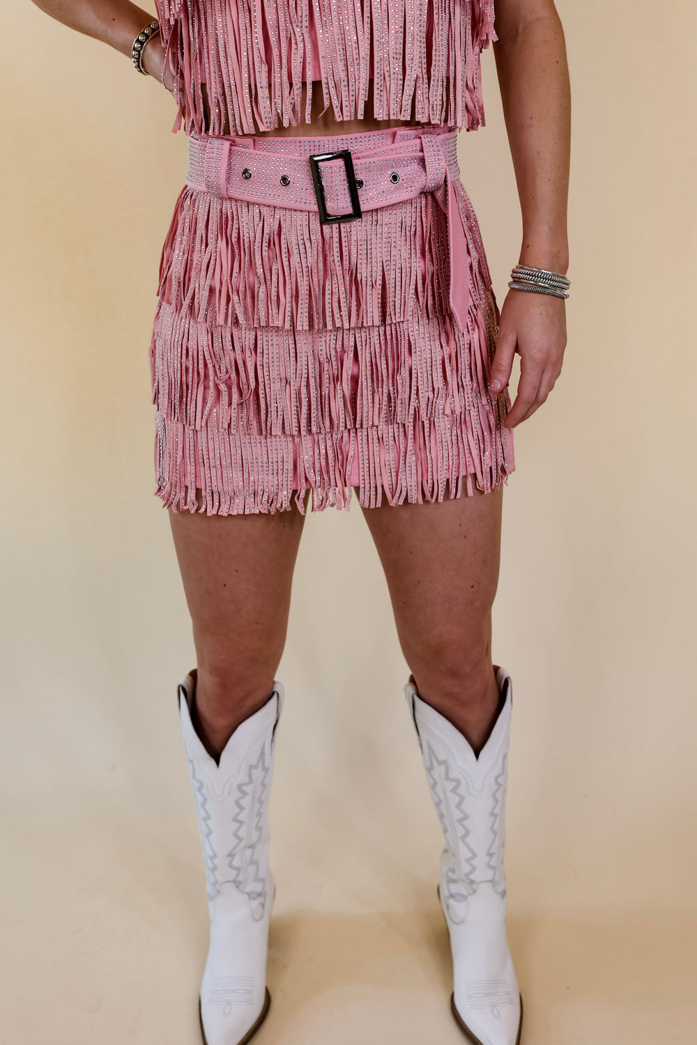 Cowboy Killer Crystal Fringe Mini Skirt in Light Pink - Giddy Up Glamour Boutique