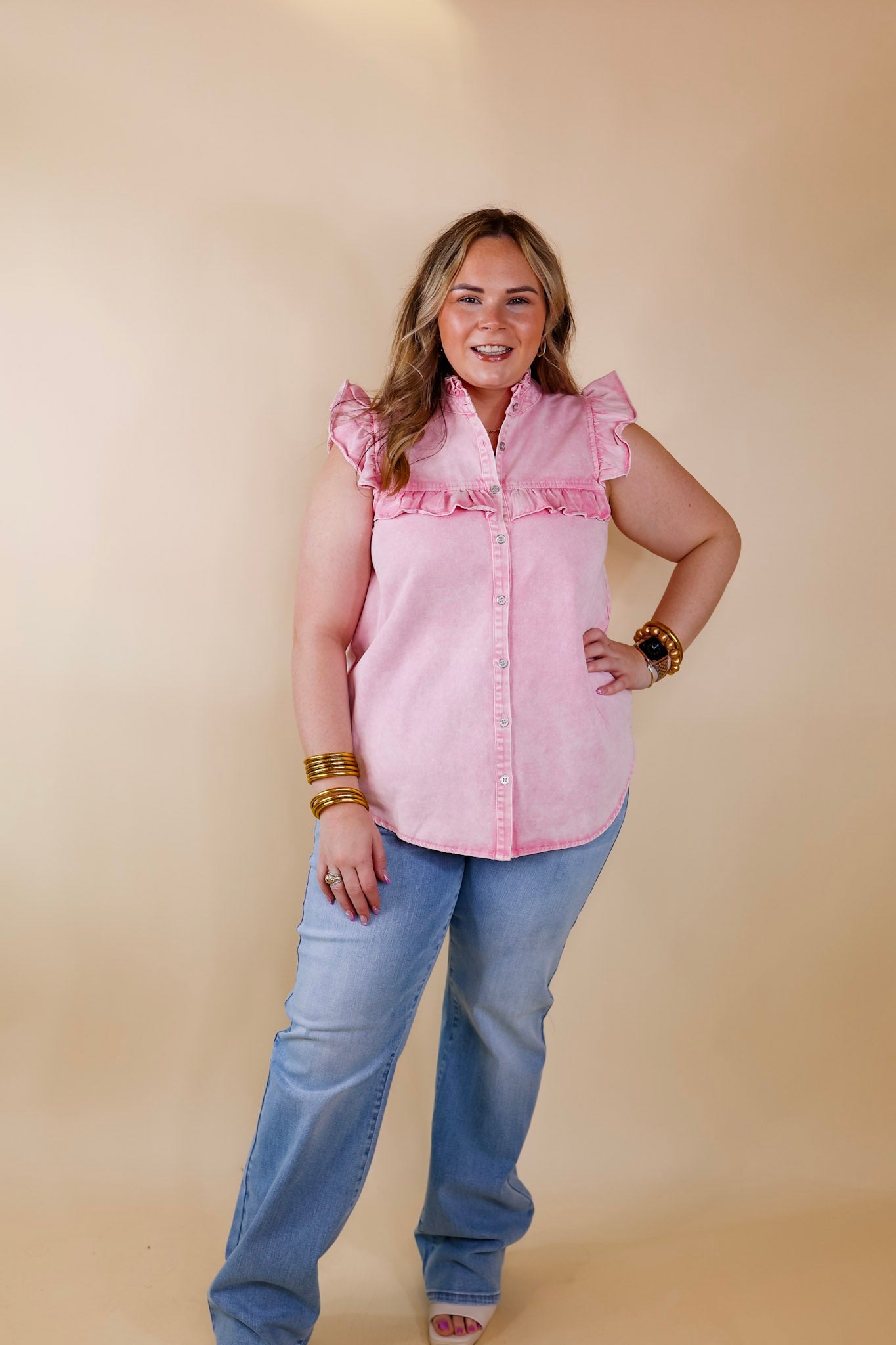 Denim Darling Button Up Ruffle Cap Sleeve Top in Light Pink - Giddy Up Glamour Boutique
