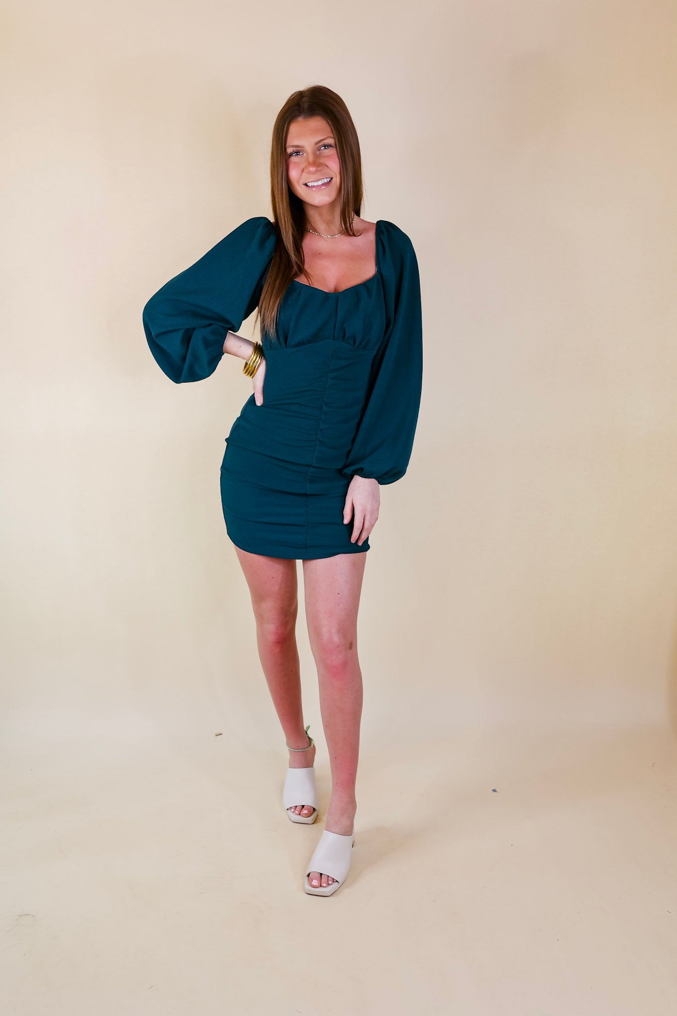 Take A Photo Ruched Dress with Long Sleeves in Dark Teal - Giddy Up Glamour Boutique
