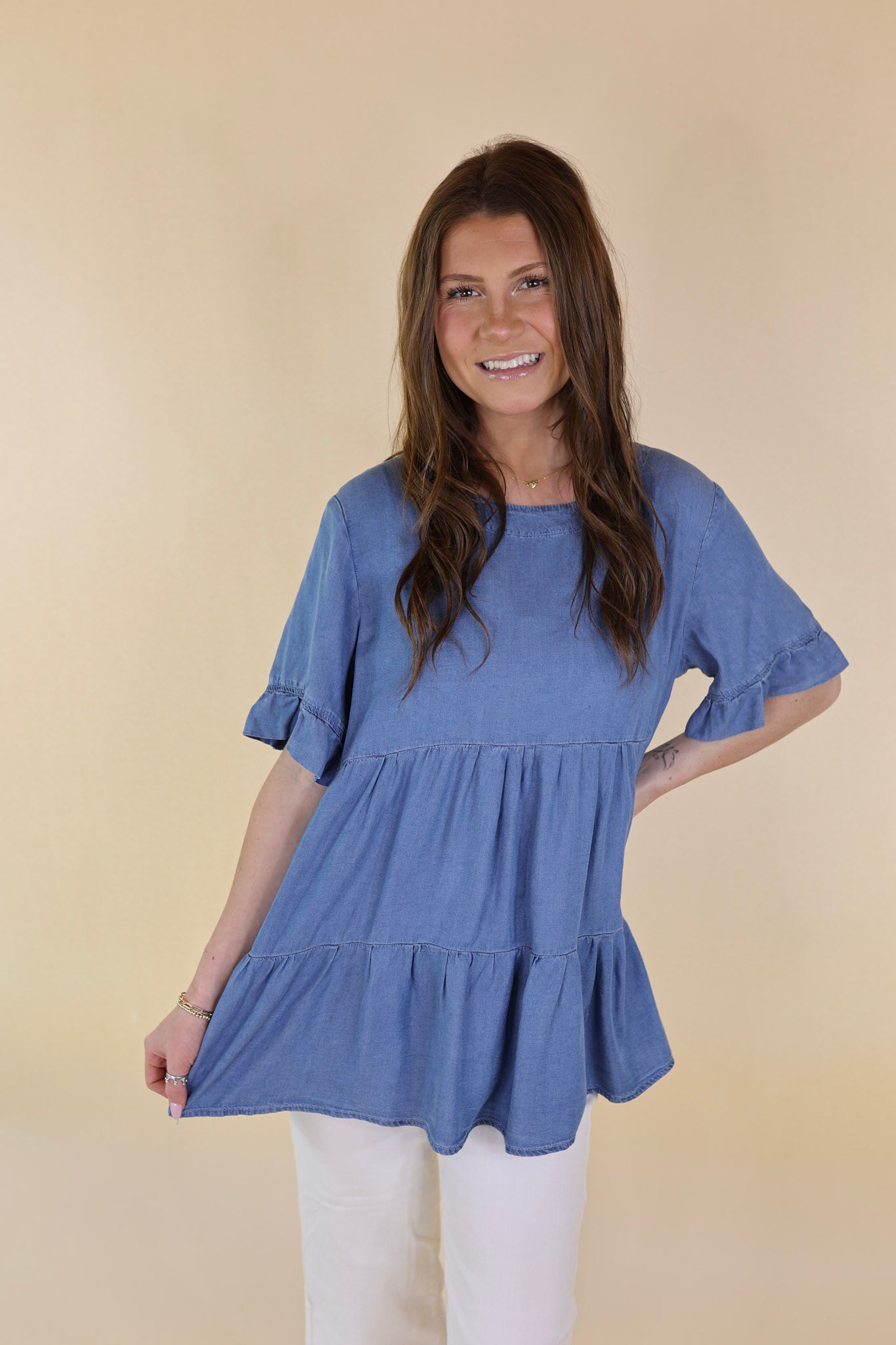 Path To Happiness Denim Tiered Top with Short Sleeves in Medium Wash - Giddy Up Glamour Boutique