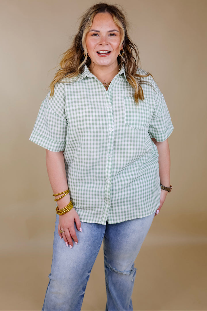 What A Rush Button Up Gingham Short Sleeve Top in Sage Green - Giddy Up Glamour Boutique