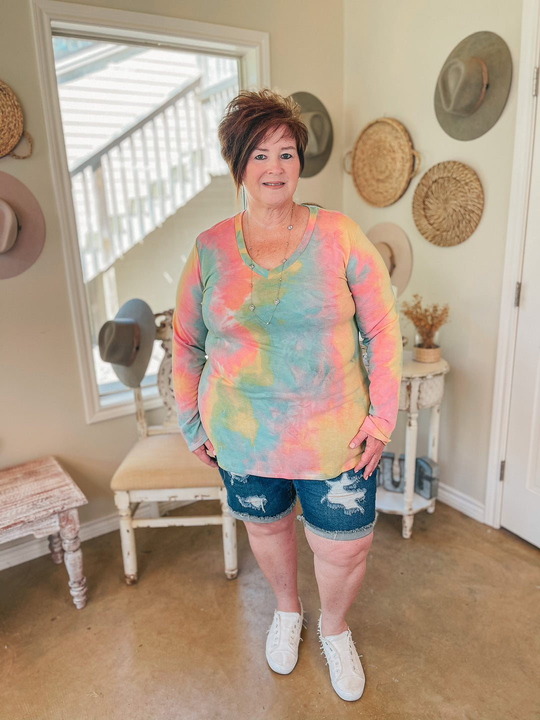 Last Chance Size S & M | Keep Things Simple Long Sleeve Tie Dye V Neck Pullover Top in Turquoise, Mustard, and Pink - Giddy Up Glamour Boutique