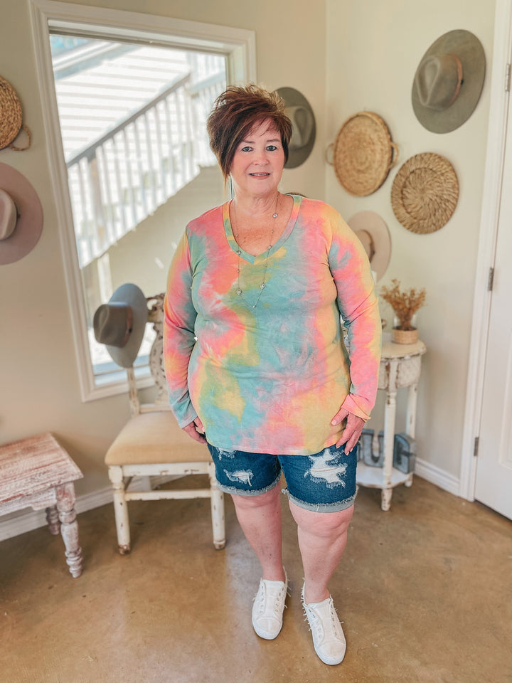Last Chance Size S & M | Keep Things Simple Long Sleeve Tie Dye V Neck Pullover Top in Turquoise, Mustard, and Pink - Giddy Up Glamour Boutique