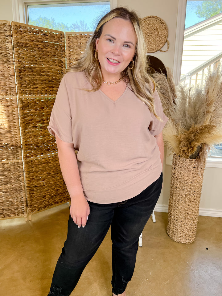 Lovely Dear V Neck Short Sleeve Solid Top in Beige - Giddy Up Glamour Boutique