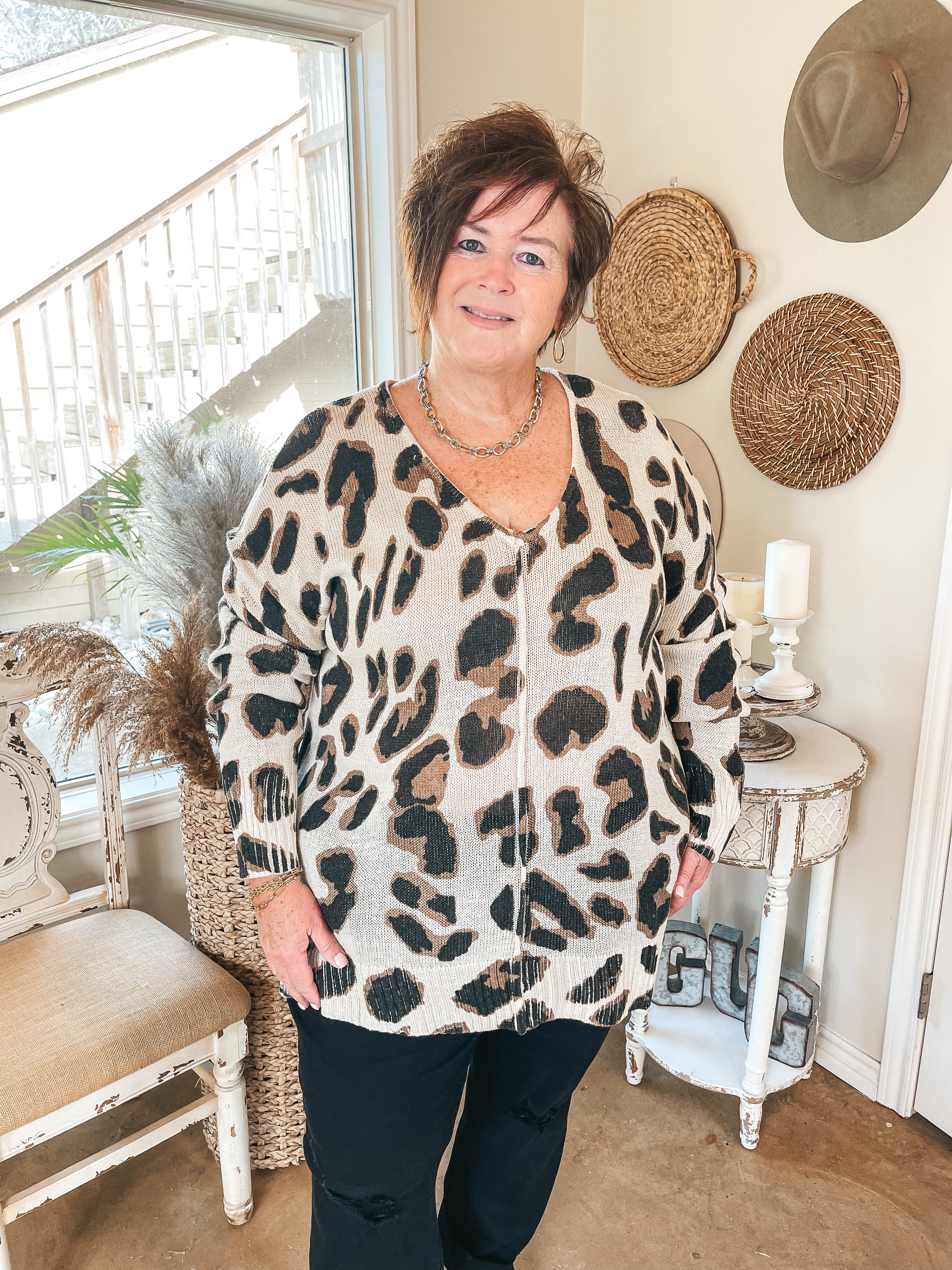 Keep Them Guessing Long Sleeve Leopard Print Sweater in Beige - Giddy Up Glamour Boutique