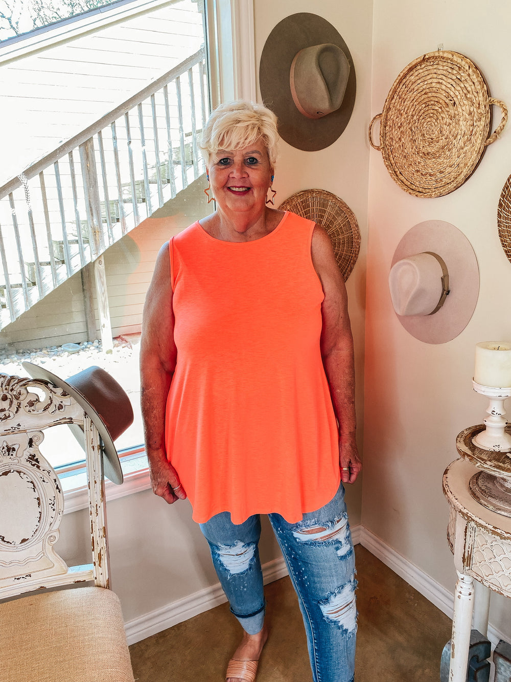 Give Me Joy Solid Bulgari A-Line Tank Top in Neon Orange - Giddy Up Glamour Boutique