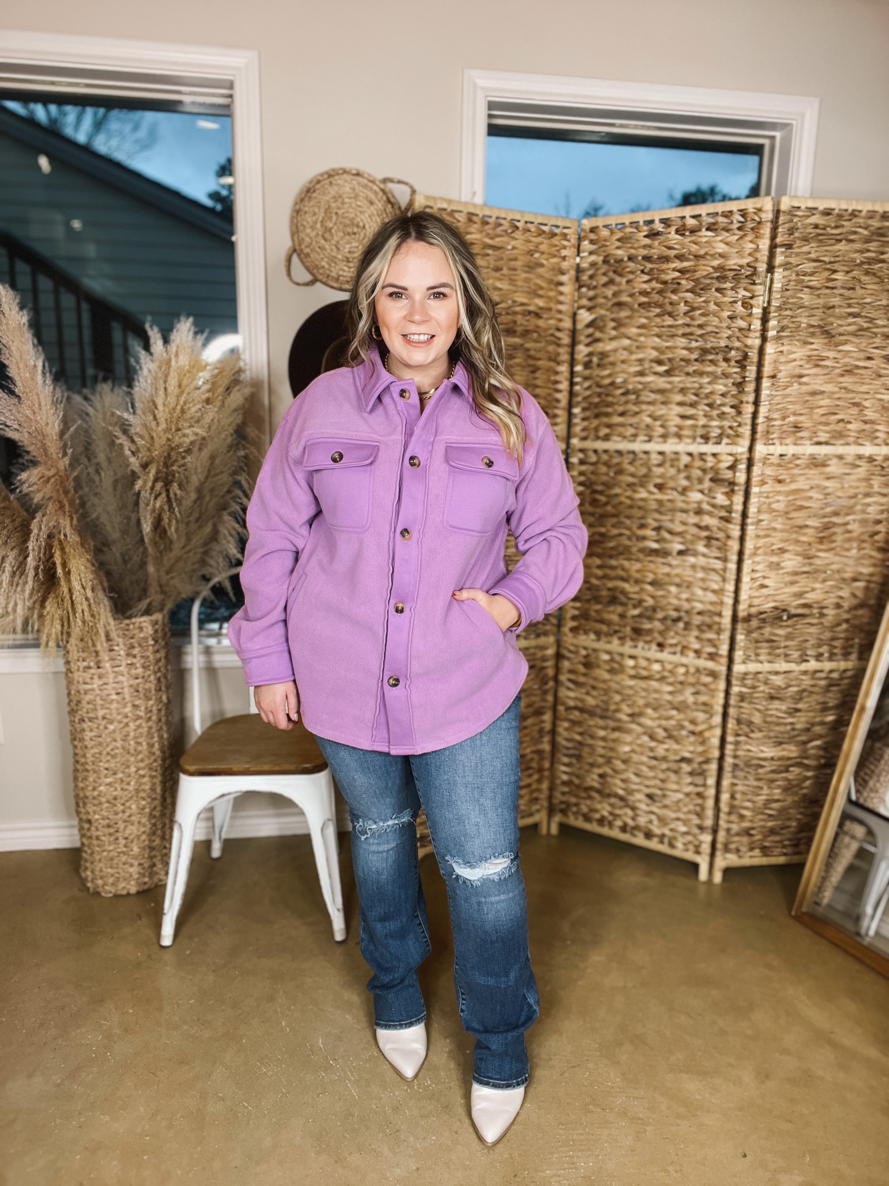 Hollywood Hike Button Up Fleece Jacket with Pockets in Lilac Purple - Giddy Up Glamour Boutique