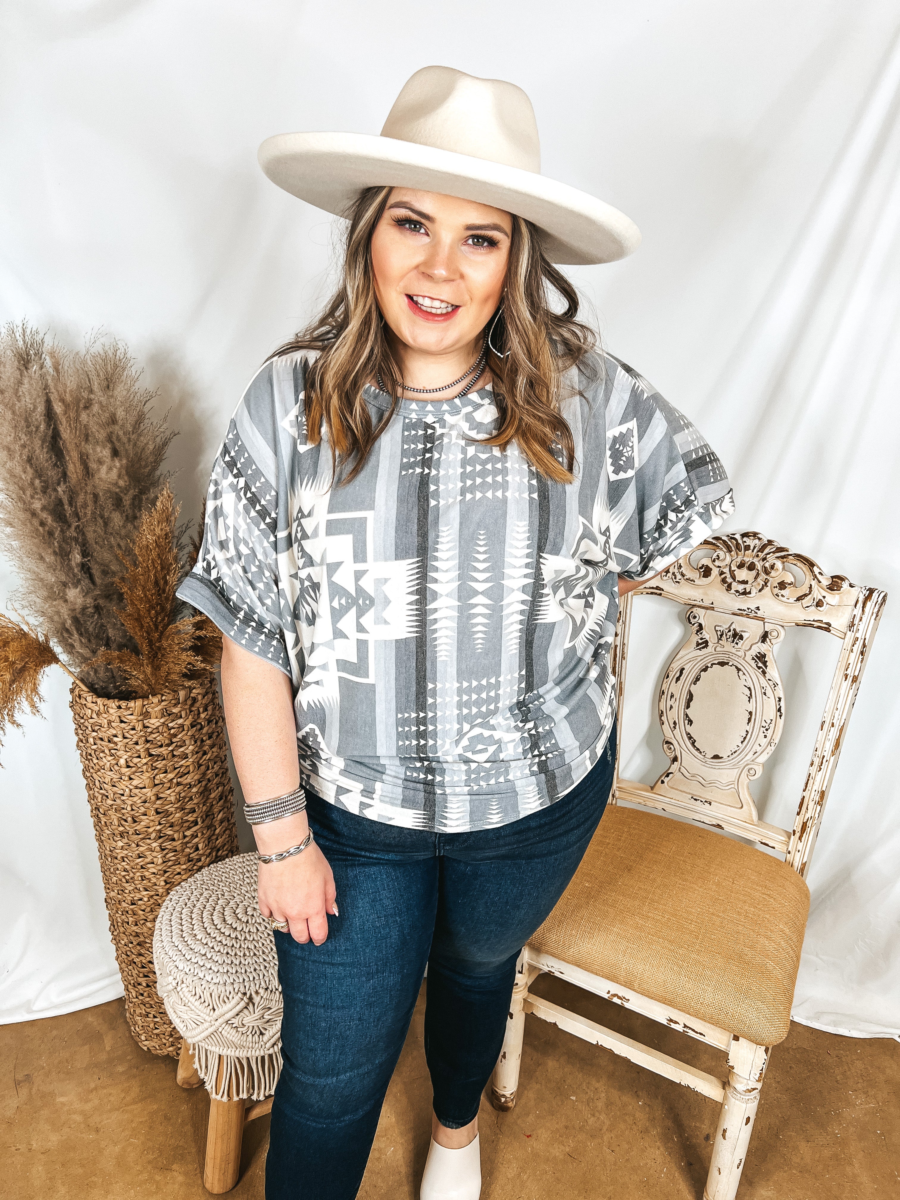 Western Weather Aztec Print Striped Short Sleeve Top in Grey Mix - Giddy Up Glamour Boutique