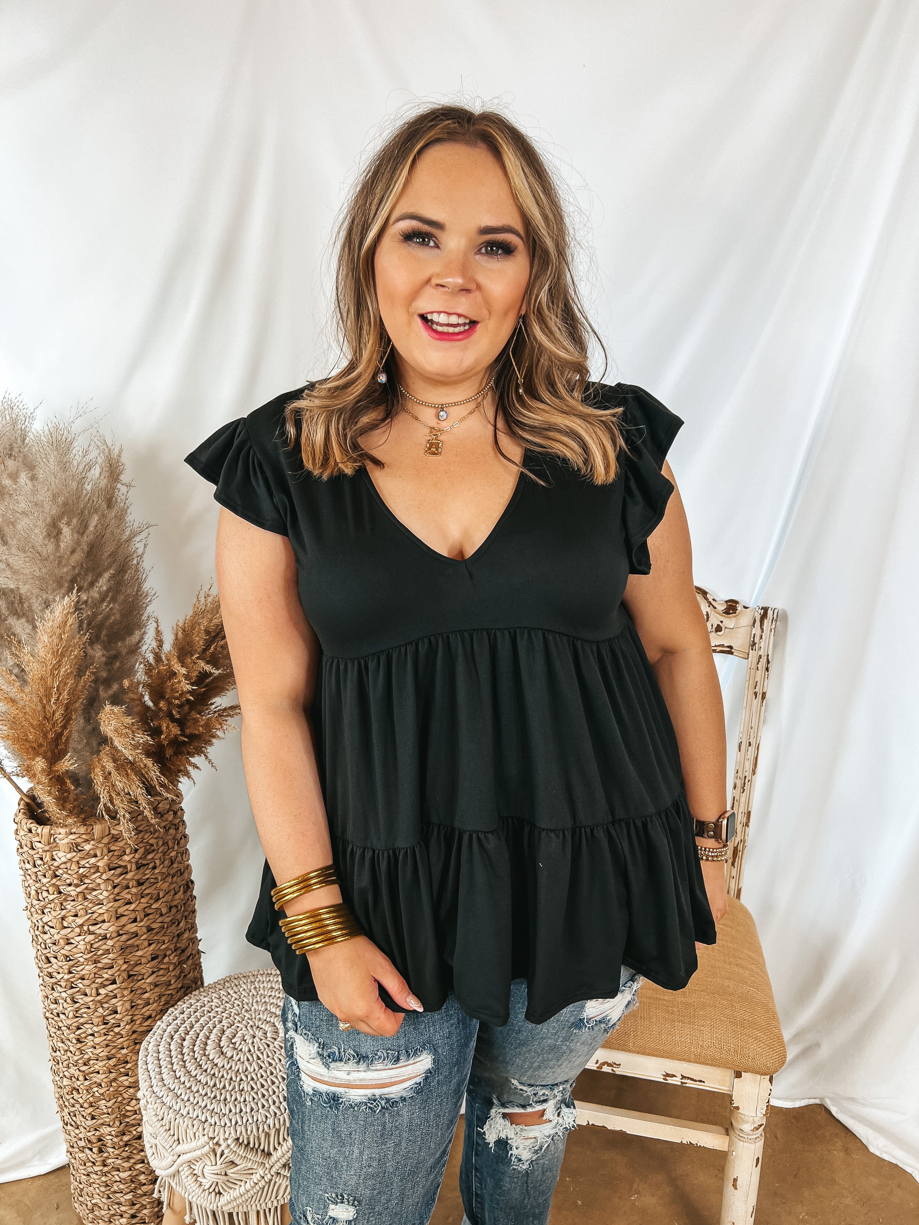 Make Your Debut Ruffle Tiered V Neck Top in Black - Giddy Up Glamour Boutique