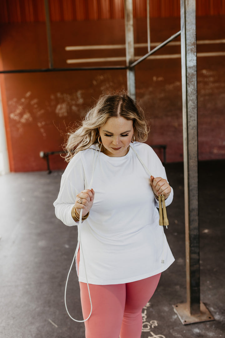 Don't Do Cardio Long Sleeve Top with Side Slits in Off White - Giddy Up Glamour Boutique