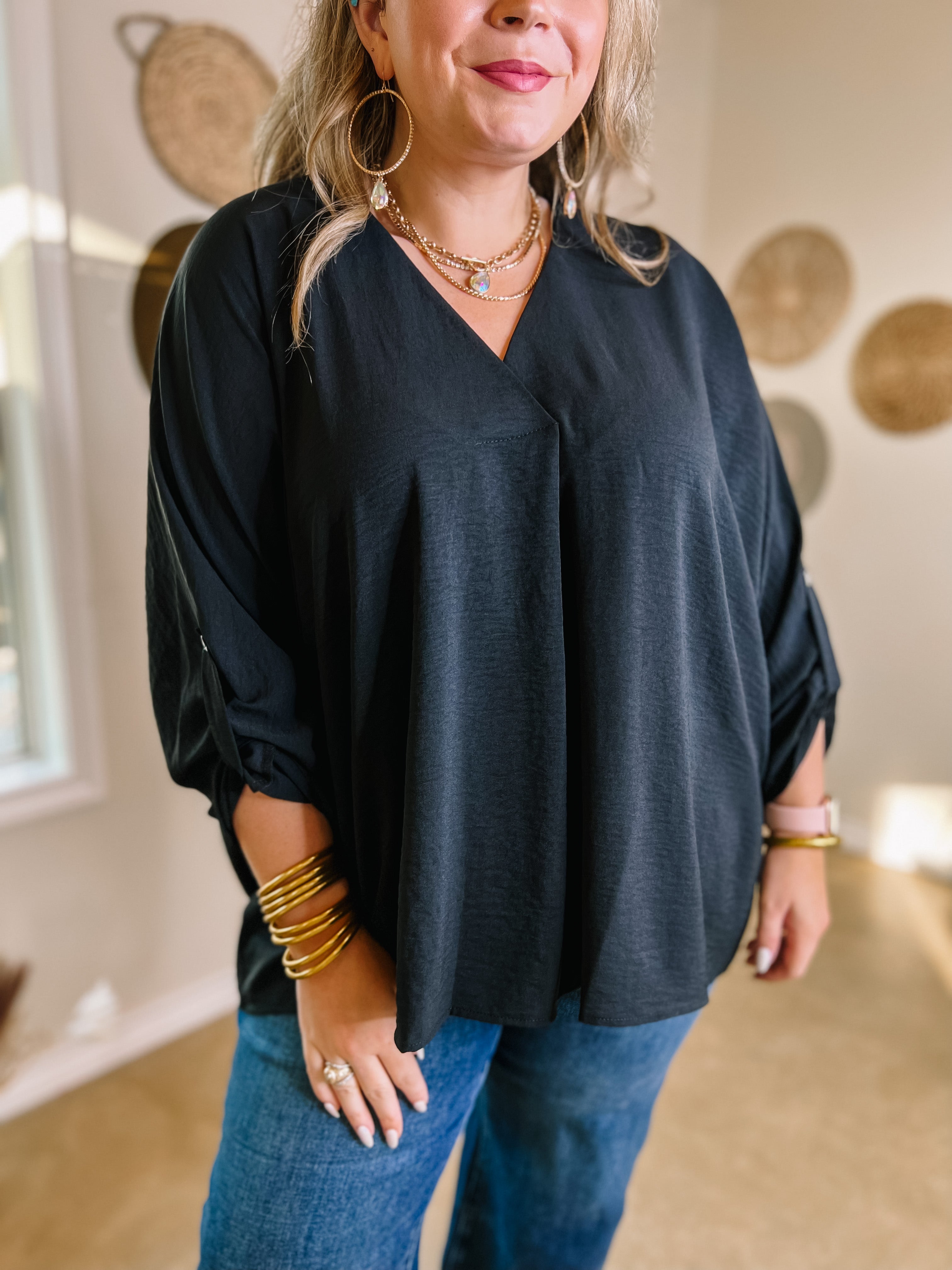 Weekend Out V Neck Placket 3/4 Sleeve Top in Black - Giddy Up Glamour Boutique