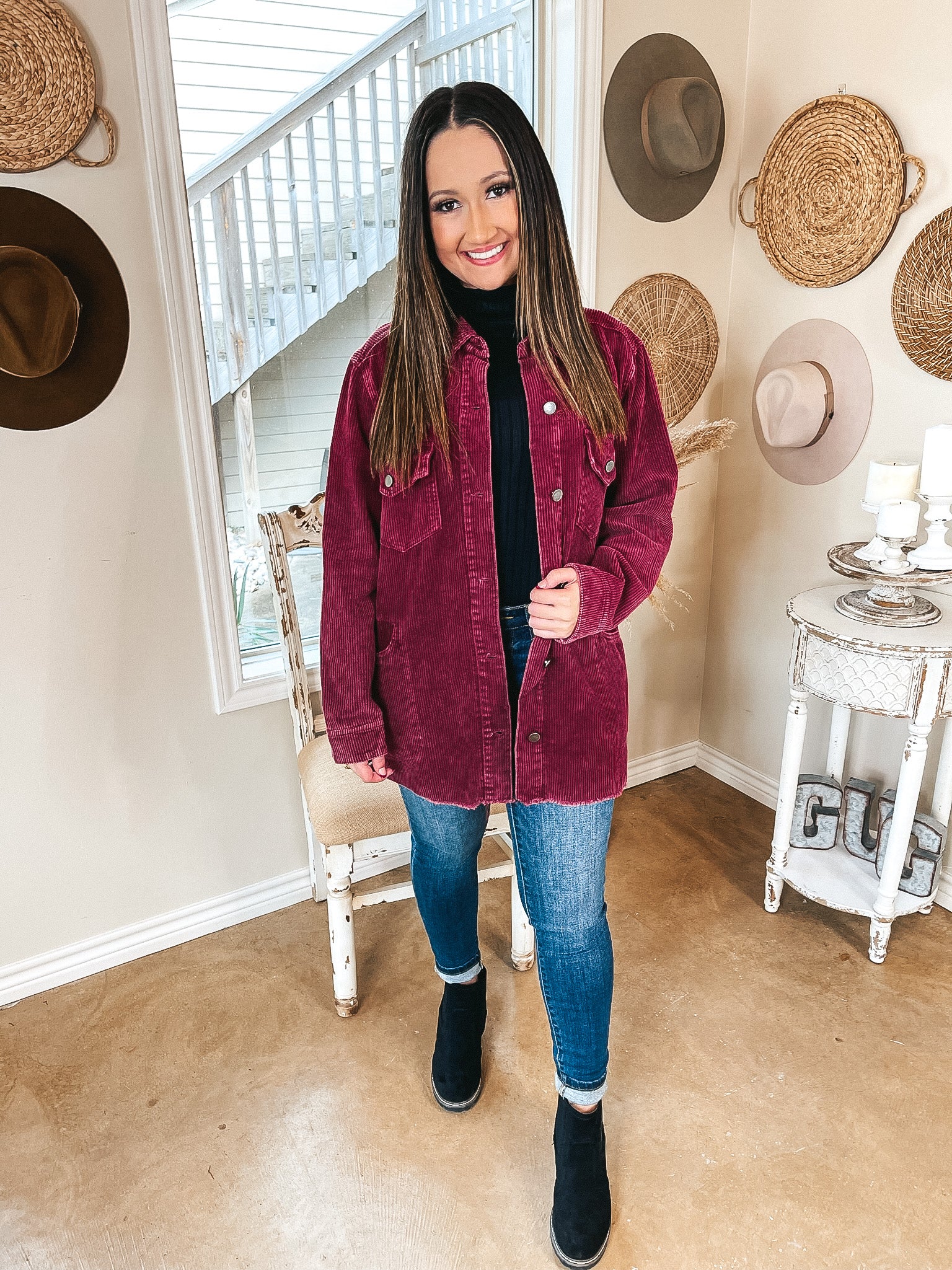 Release Your Worries Button Up Corduroy Long Shacket in Maroon - Giddy Up Glamour Boutique