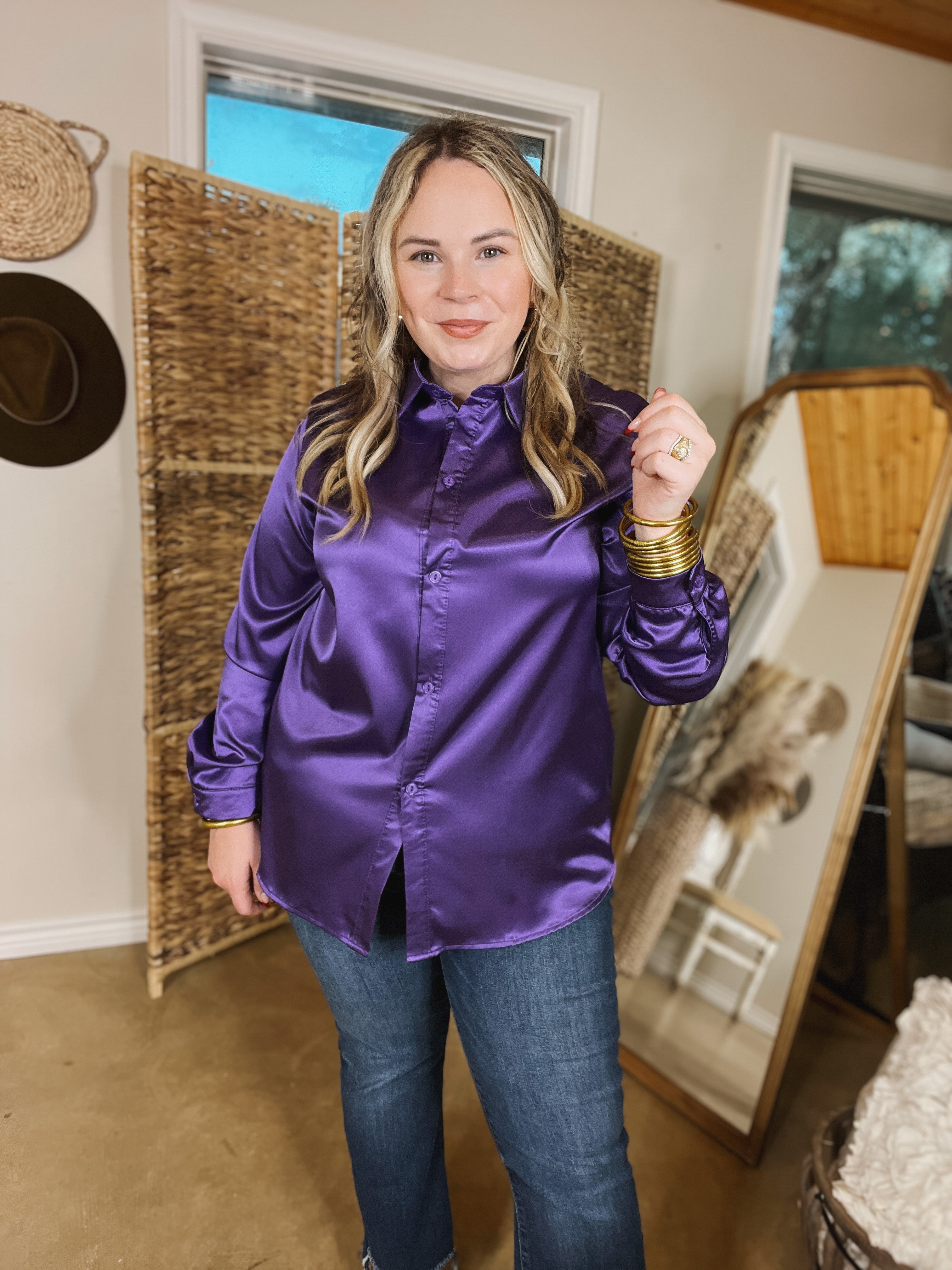Down To Disco Satin Long Sleeve Button Up Top in Purple - Giddy Up Glamour Boutique