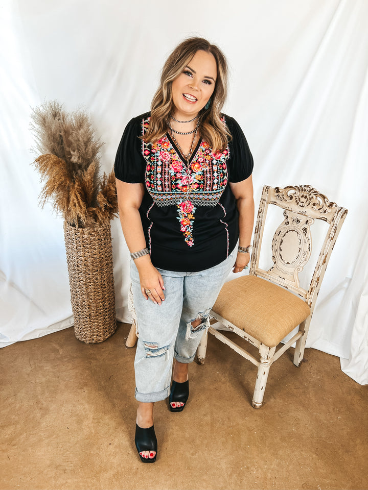 Think About Me Embroidered V Neck Top with Short Sleeves in Black - Giddy Up Glamour Boutique