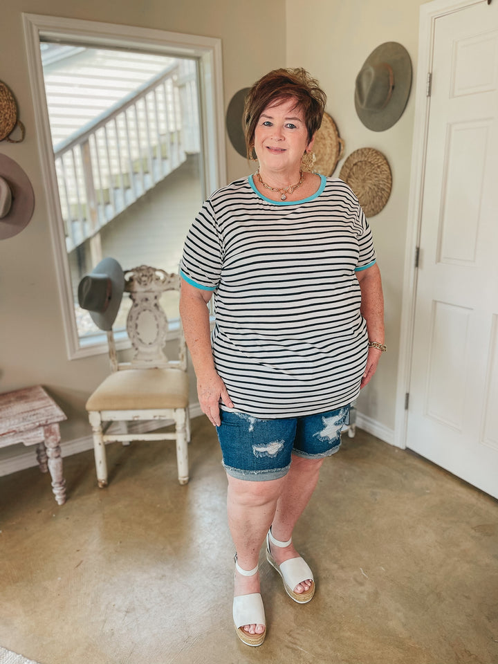 Last Chance Size S, M, & 2XL | Sunday Drive Black and Ivory Striped Short Sleeve Top with Mint Trim - Giddy Up Glamour Boutique