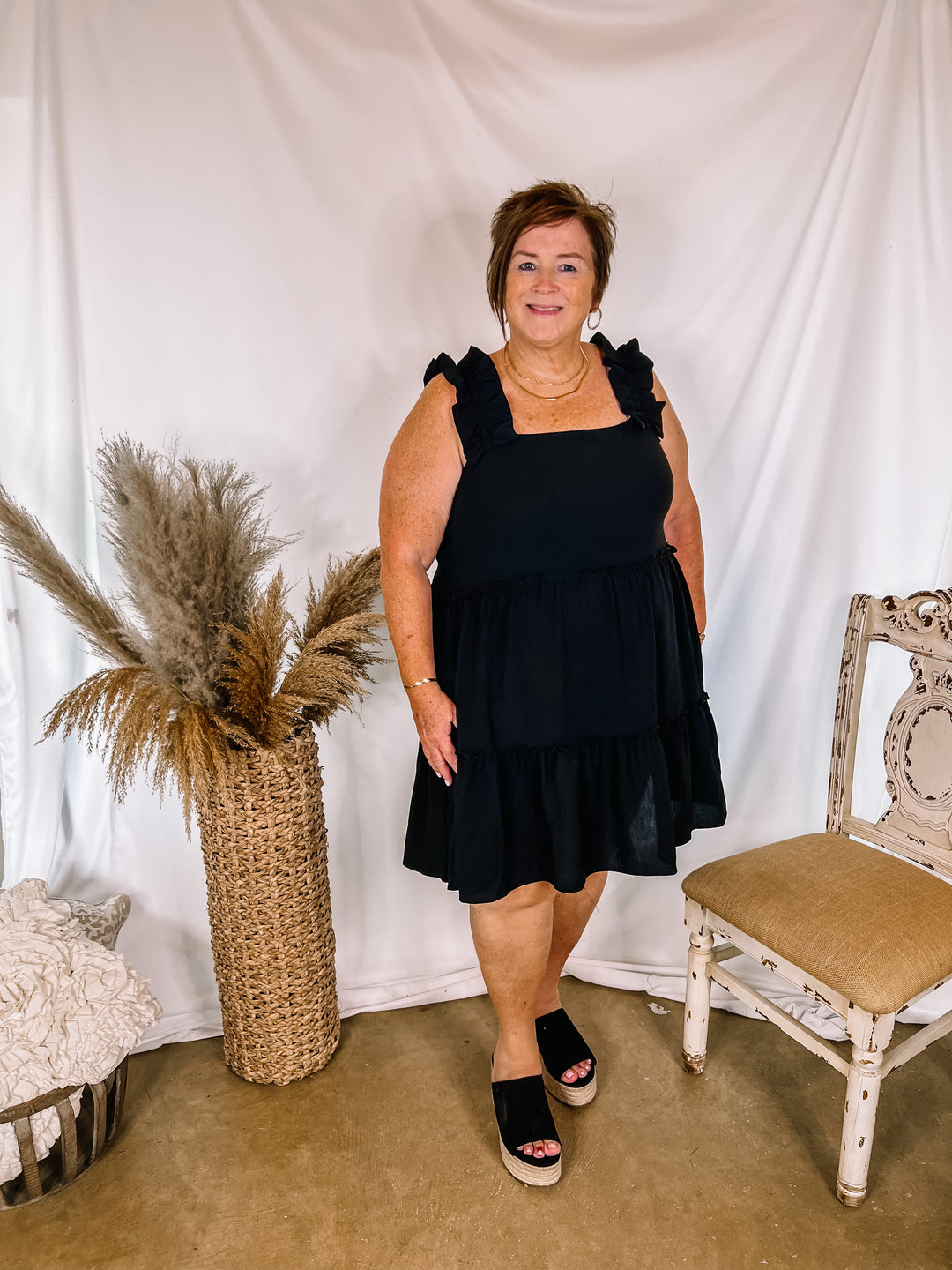 Instant Confidence Ruffle Strap Tiered Tank Dress in Black - Giddy Up Glamour Boutique