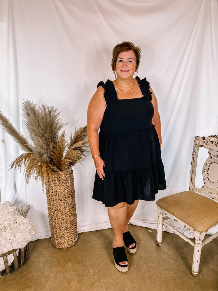 Instant Confidence Ruffle Strap Tiered Tank Dress in Black - Giddy Up Glamour Boutique