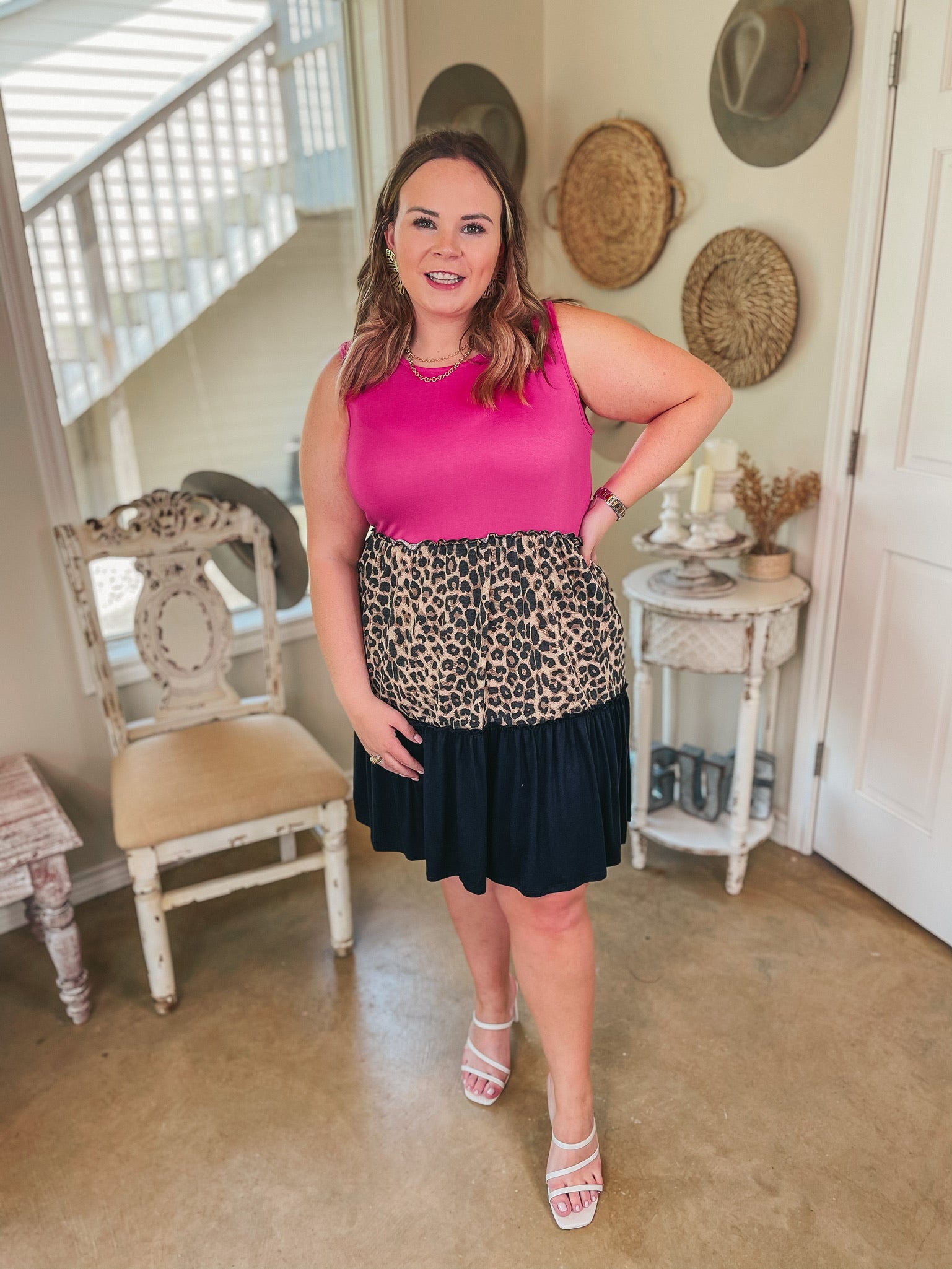 Right On Time Ruffle Tiered Leopard Print Block Dress in Fuchsia - Giddy Up Glamour Boutique