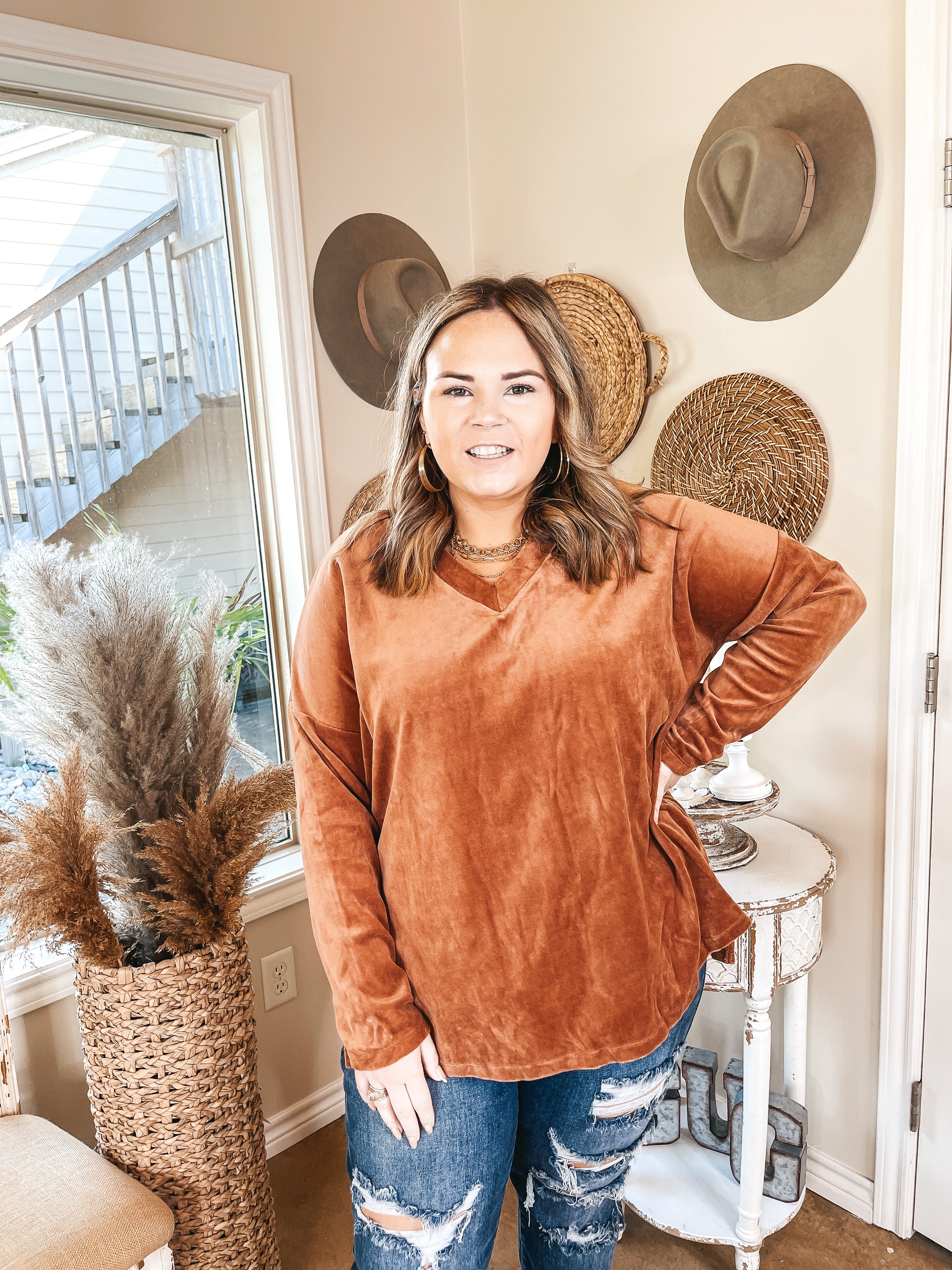 Just What I Need V Neck Long Sleeve Velvet Top in Rust Brown - Giddy Up Glamour Boutique