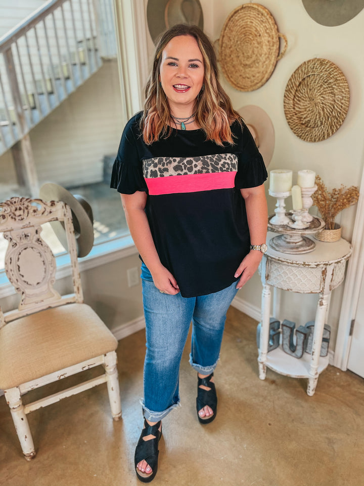 Well Said Leopard and Pink Bust Ruffle Sleeve Top in Black - Giddy Up Glamour Boutique