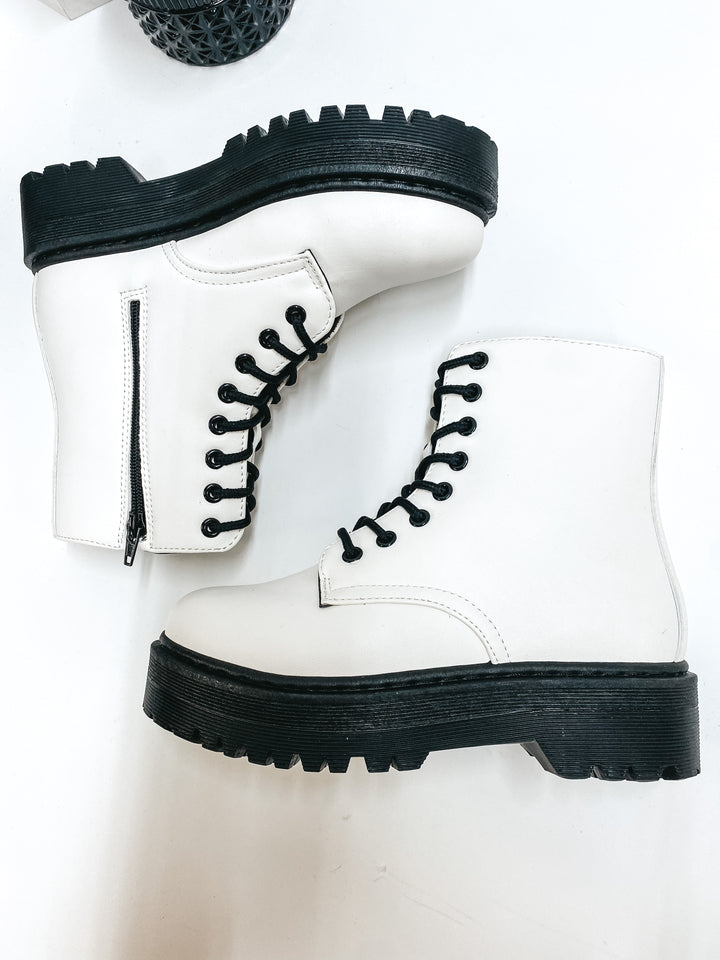 Born to be Wild Combat Boots in White - Giddy Up Glamour Boutique