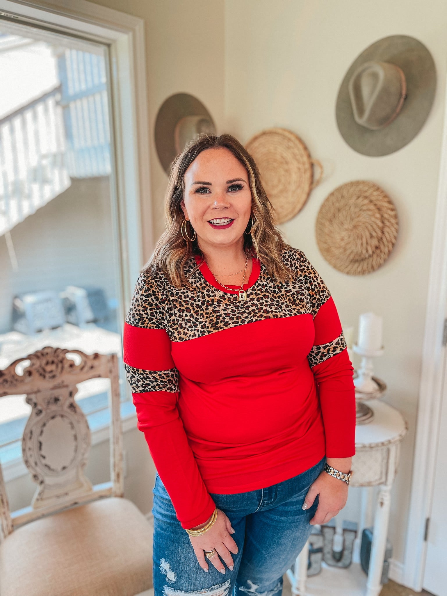 Get the Look Leopard Upper and Elbow Long Sleeve Top in Red - Giddy Up Glamour Boutique