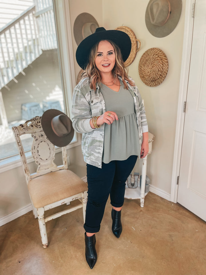 Weekend Dreaming Button Up French Terry Jacket with Pockets in Camouflage - Giddy Up Glamour Boutique